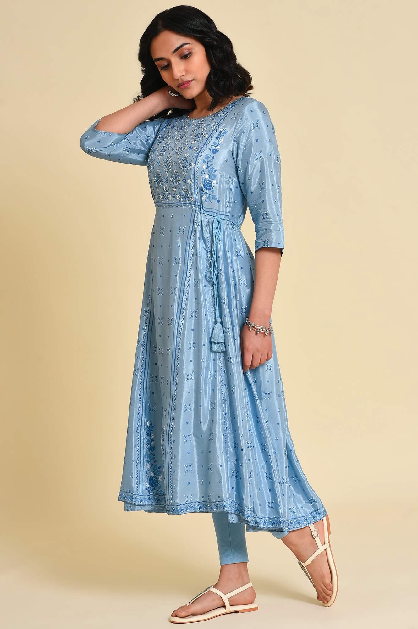 Blue Sequined Shantung kurta Set - wforwoman