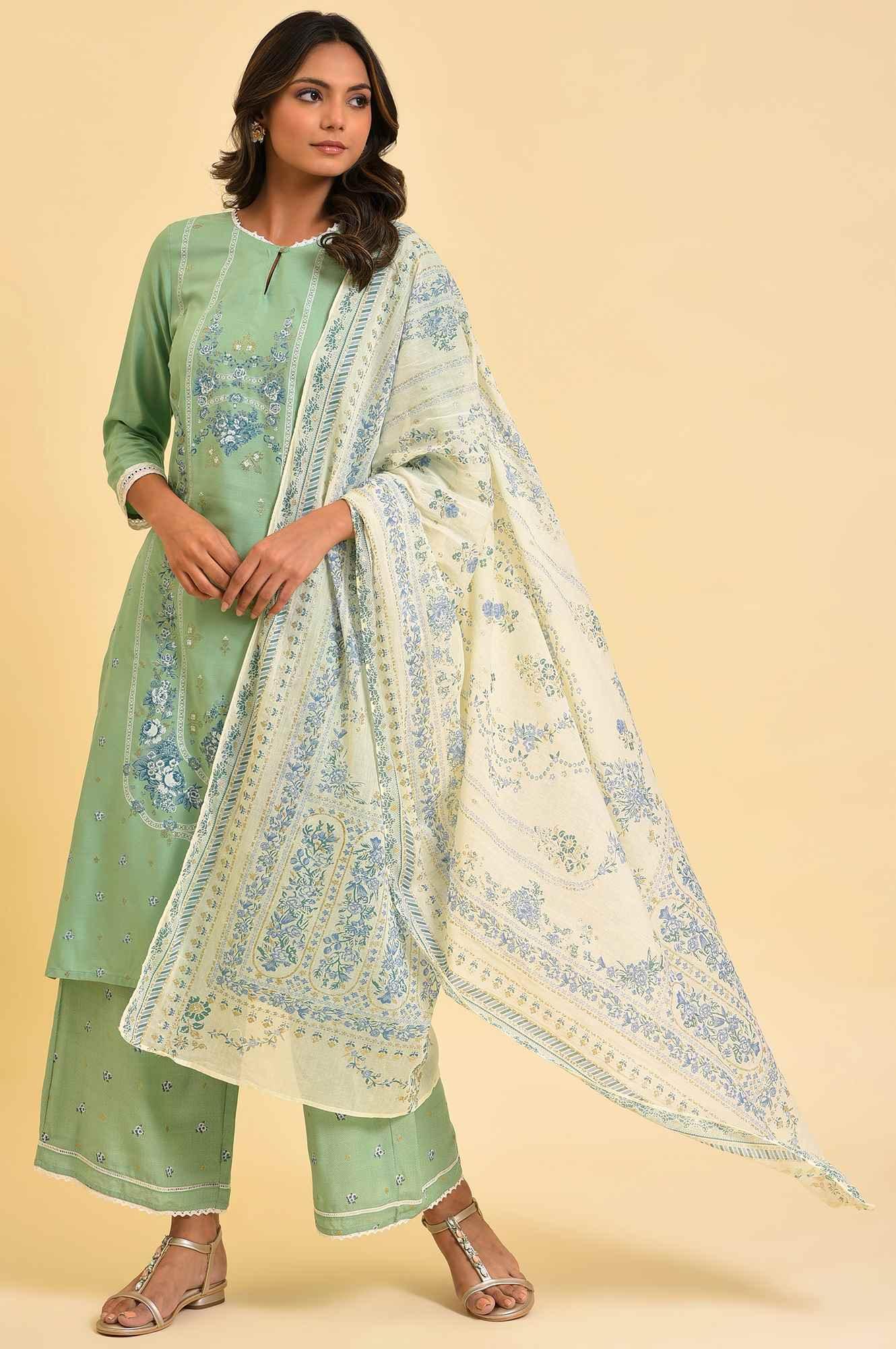Light Green Printed kurta, Parallel Pants & Dupatta Set - wforwoman