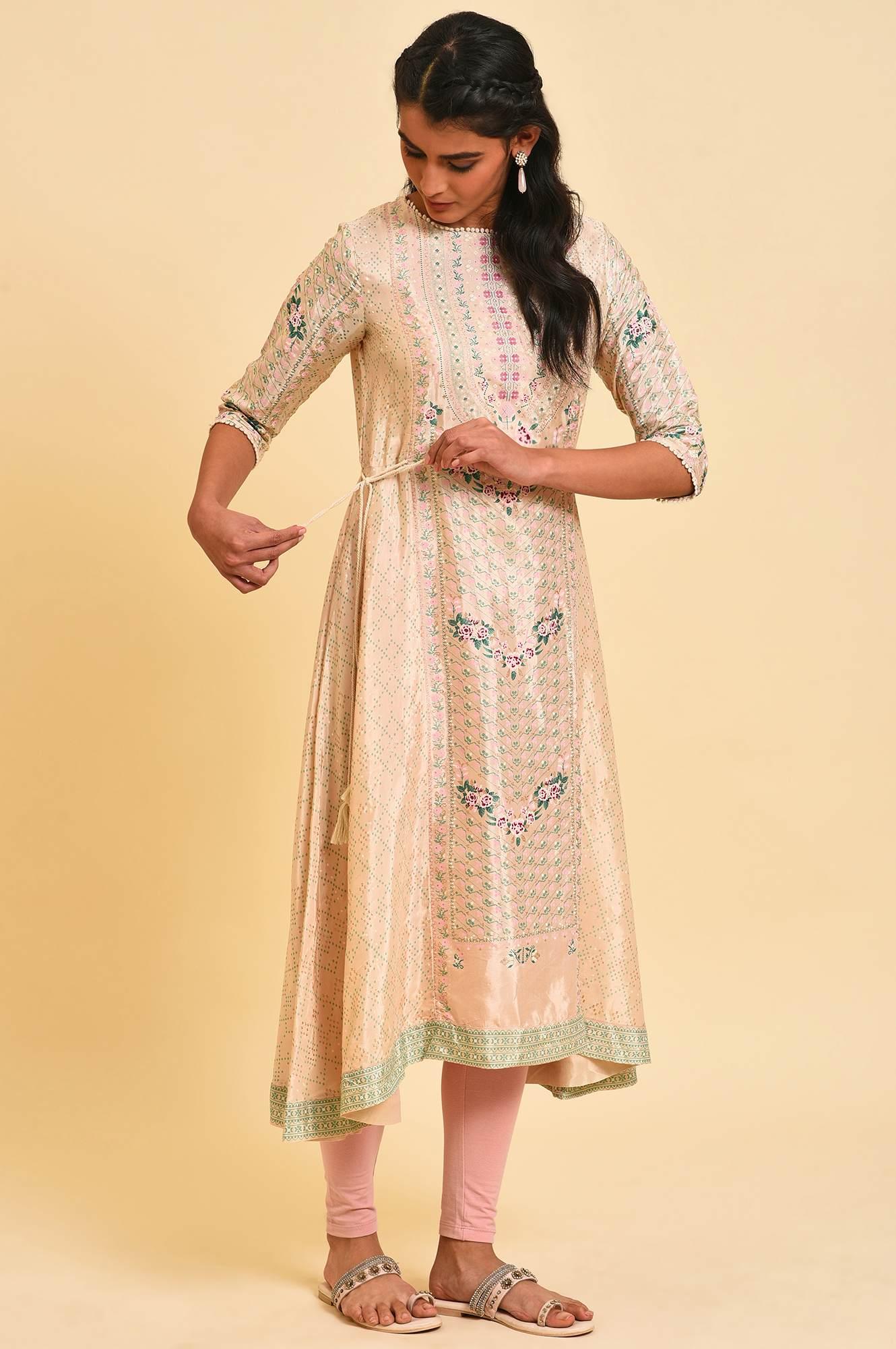Beige Festive Asymmetric kurta Set - wforwoman