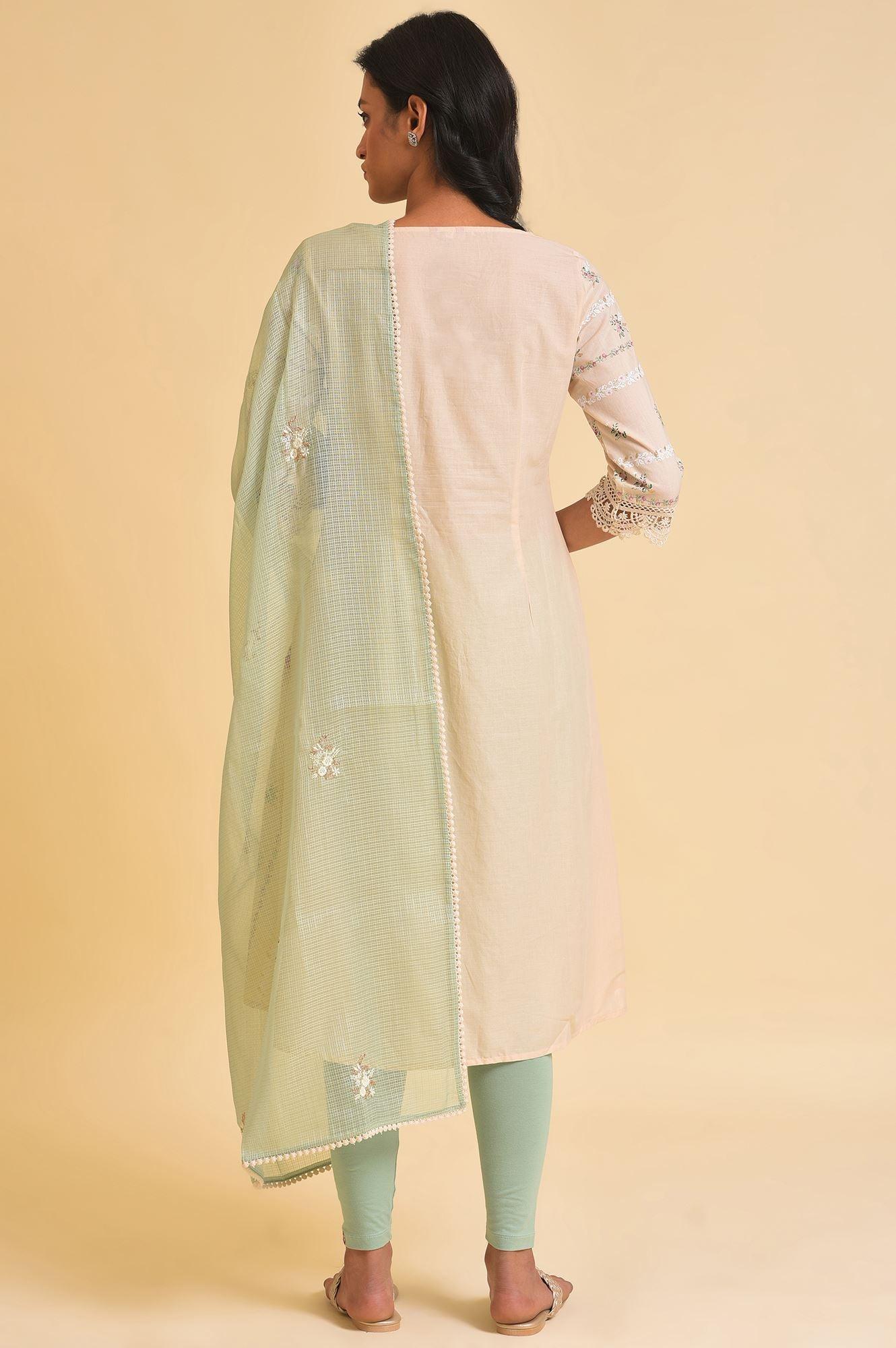 Beige Floral Print kurta, Tights & Dupatta Set - wforwoman