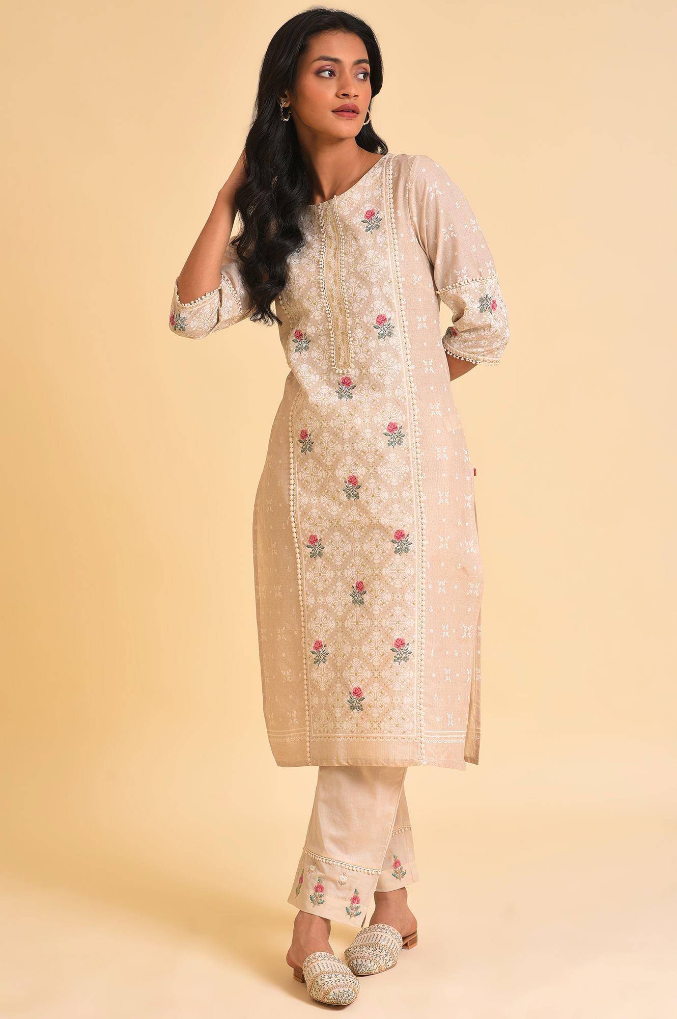 Beige Glitter Printed kurta & Pants Set - wforwoman