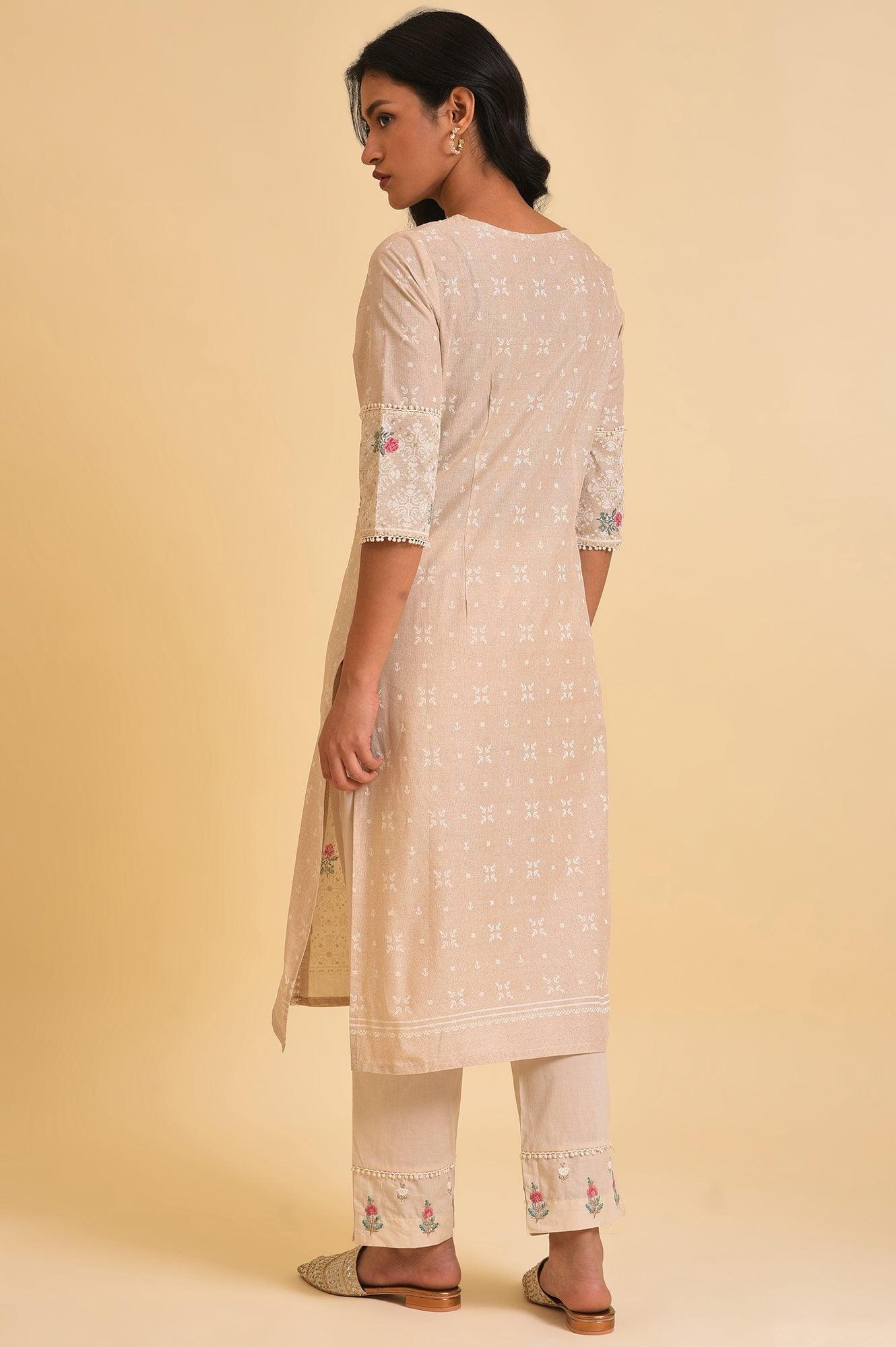 Beige Glitter Printed kurta & Pants Set - wforwoman