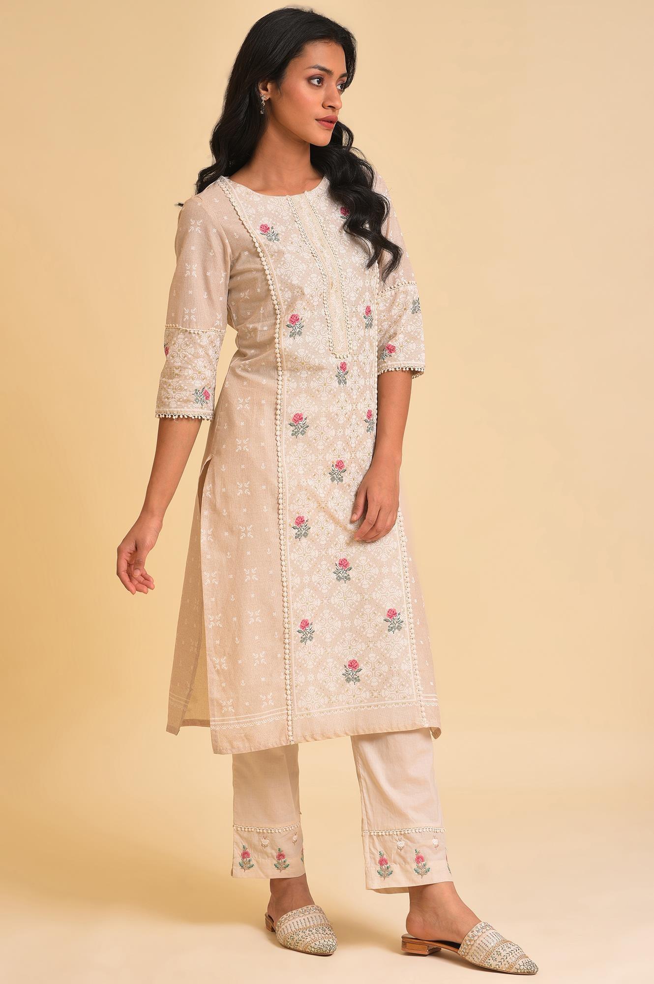 Beige Glitter Printed kurta & Pants Set - wforwoman