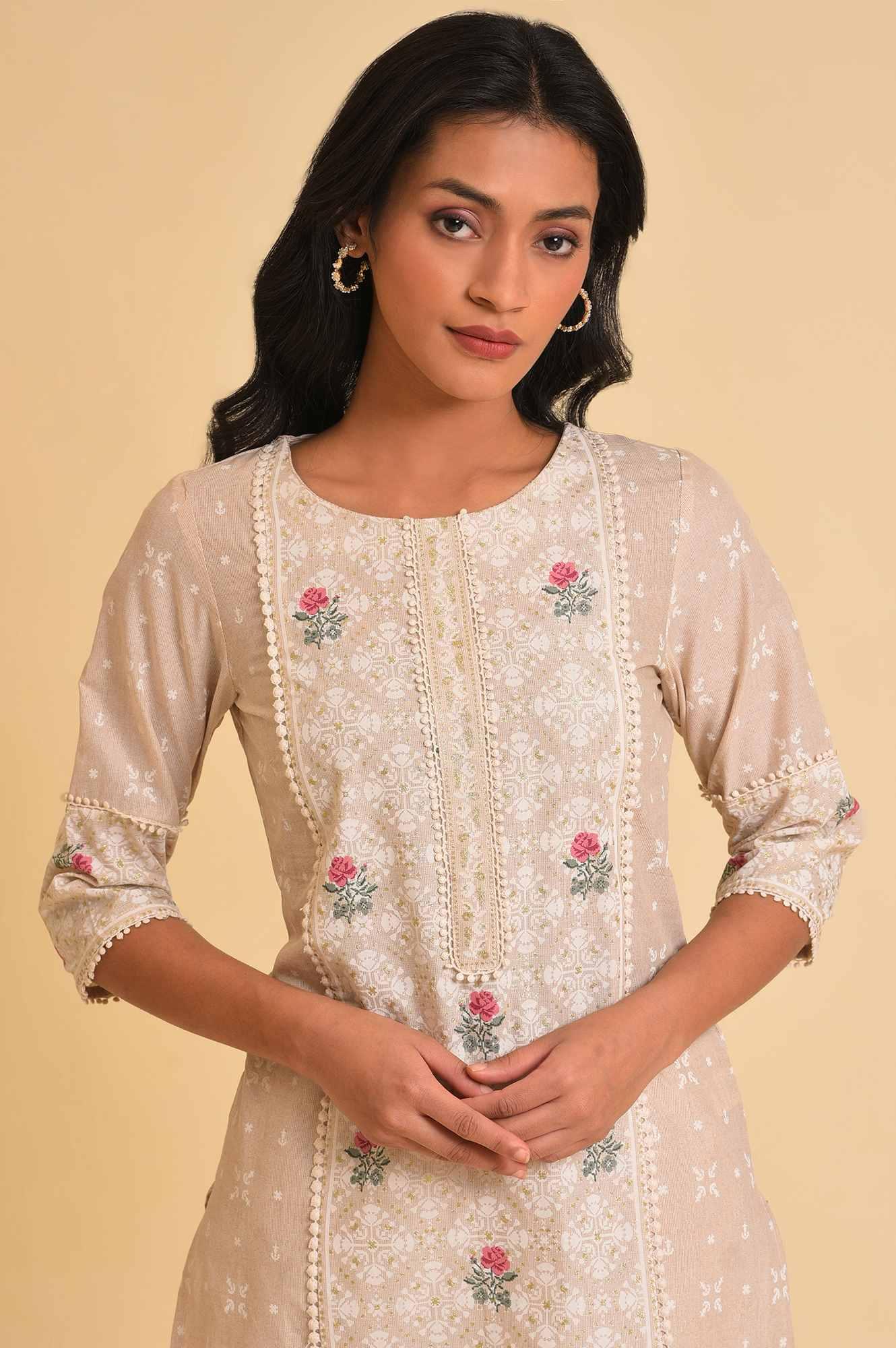 Beige Glitter Printed kurta & Pants Set - wforwoman