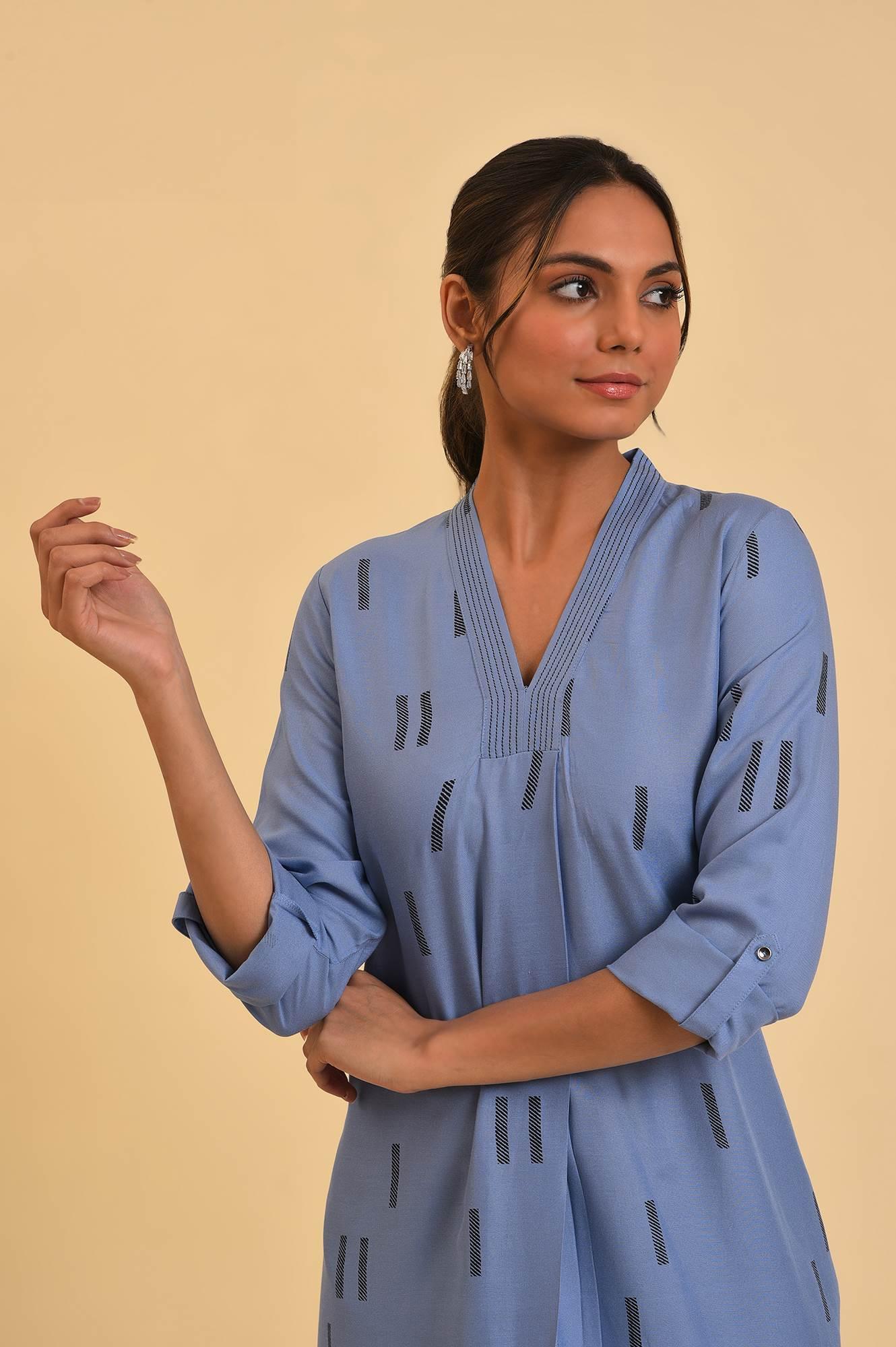 Blue Geometric Print kurta & Pants Set - wforwoman