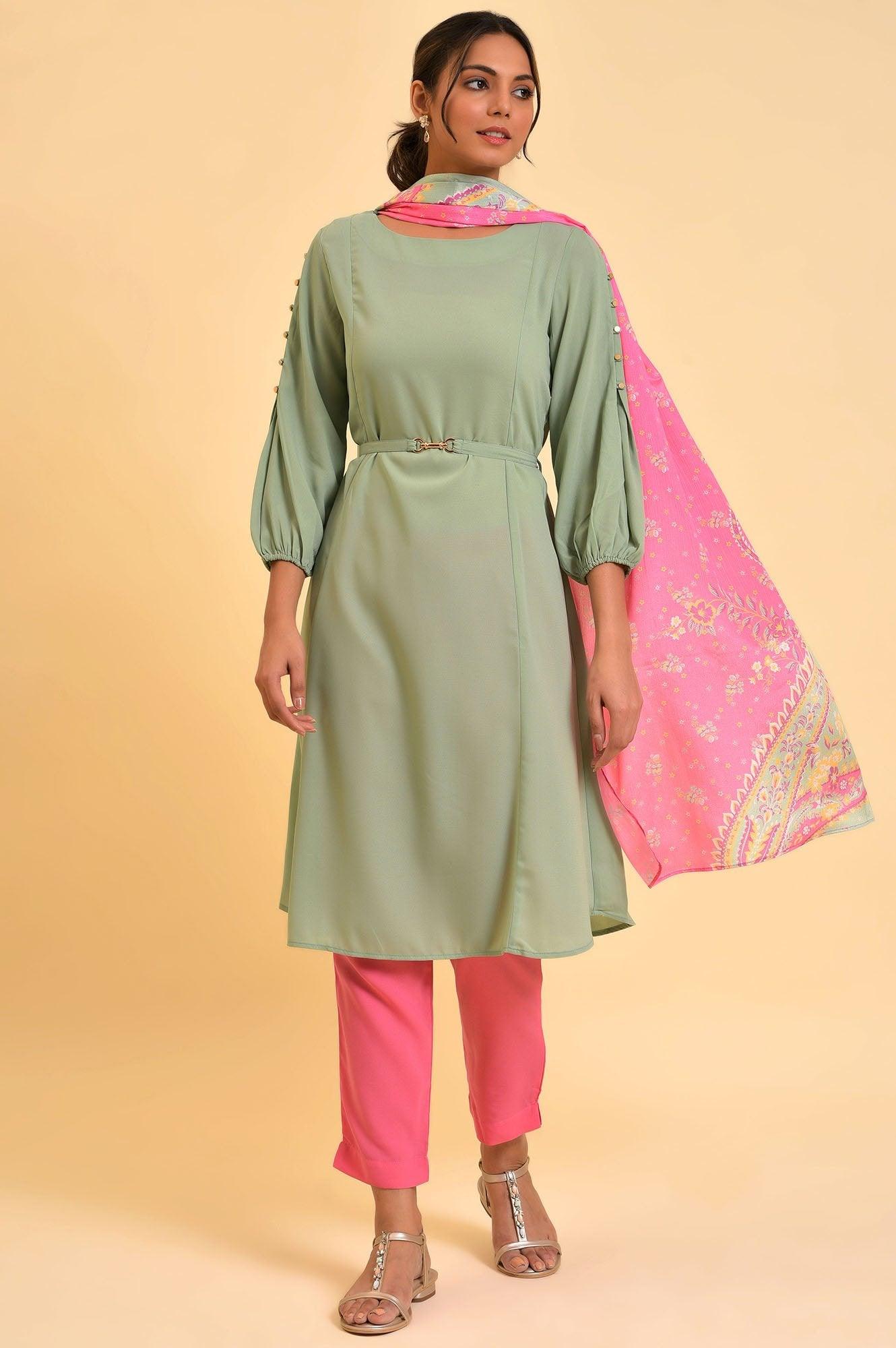 Green A-Line kurta, Slim Pants & Dupatta Set - wforwoman