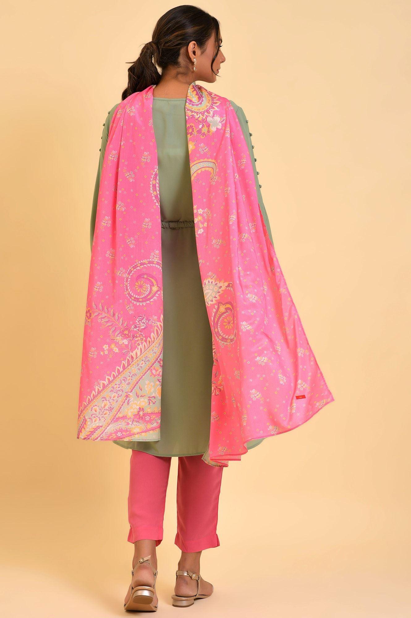 Green A-Line kurta, Slim Pants & Dupatta Set - wforwoman