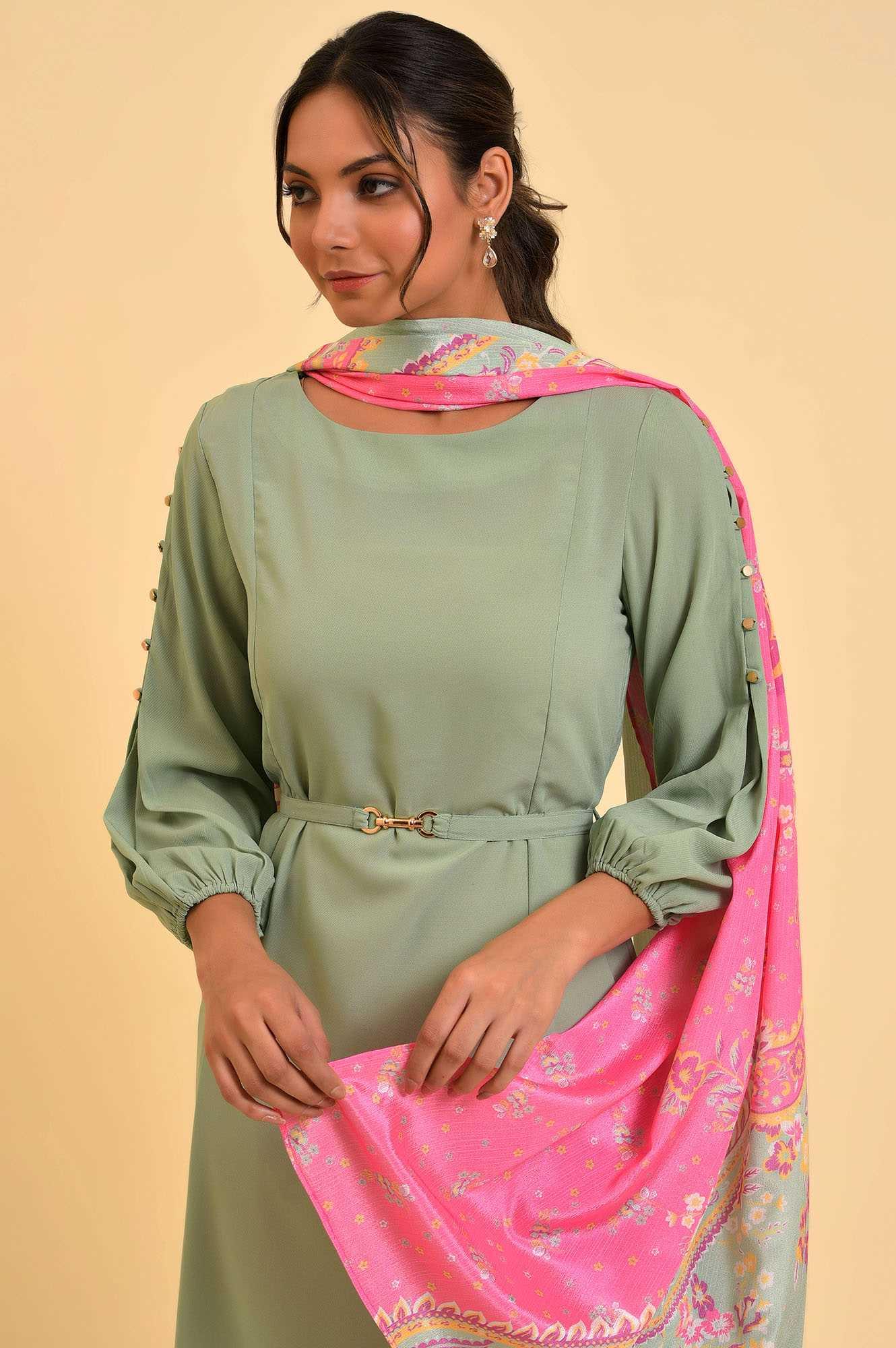 Green A-Line kurta, Slim Pants & Dupatta Set - wforwoman