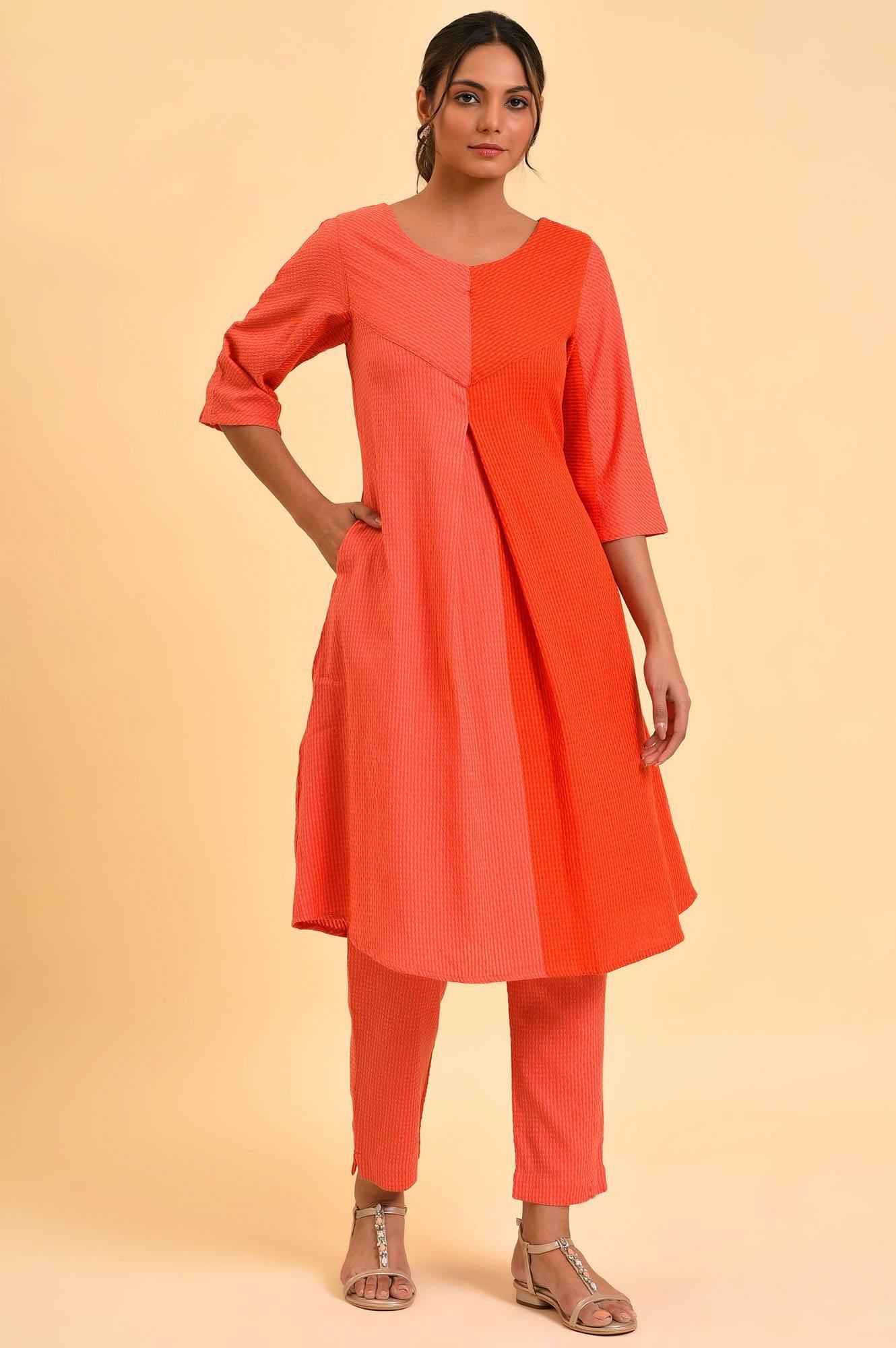 Red Dual Tone Cotton kurta & Slim Pants Co-Ord Set - wforwoman
