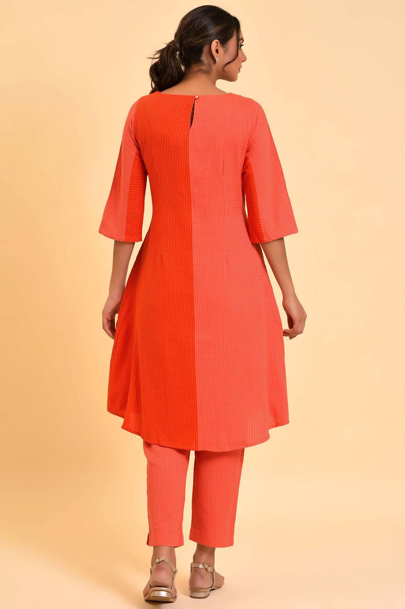 Red Dual Tone Cotton kurta & Slim Pants Co-Ord Set - wforwoman