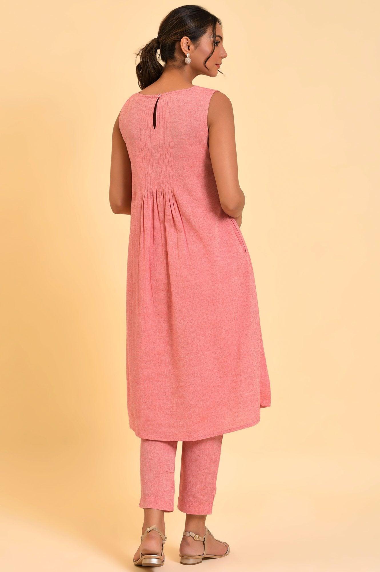 Red Cotton Pleated Sleeveless kurta & Pants Co-Ord Set - wforwoman
