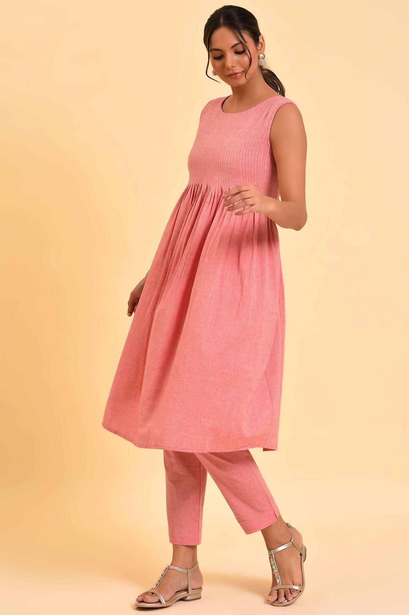 Red Cotton Pleated Sleeveless kurta & Pants Co-Ord Set - wforwoman