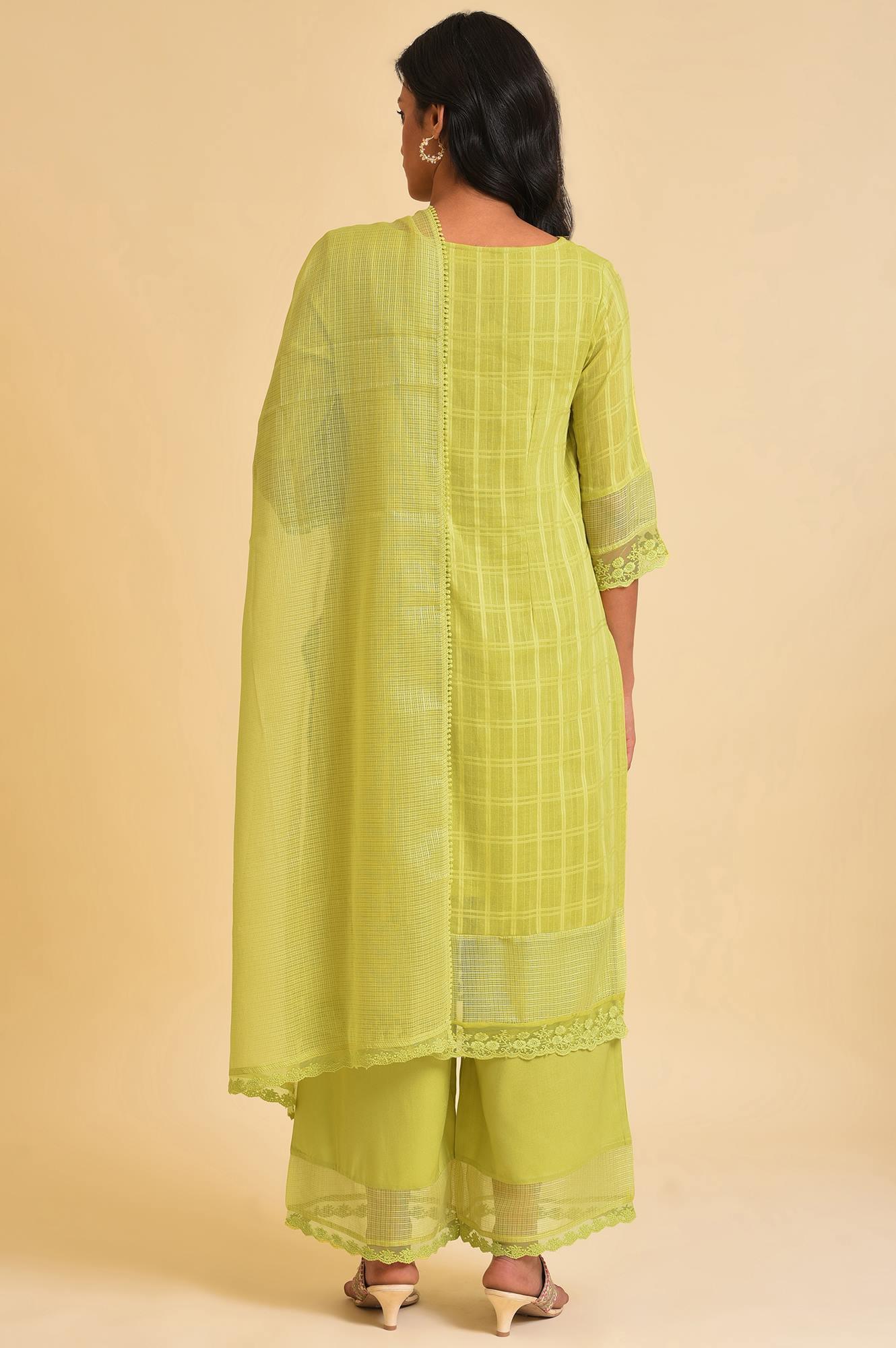 Plus Size Light Green Textured Cotton Embroidered kurta, Parallel Pants & Dupatta Set - wforwoman