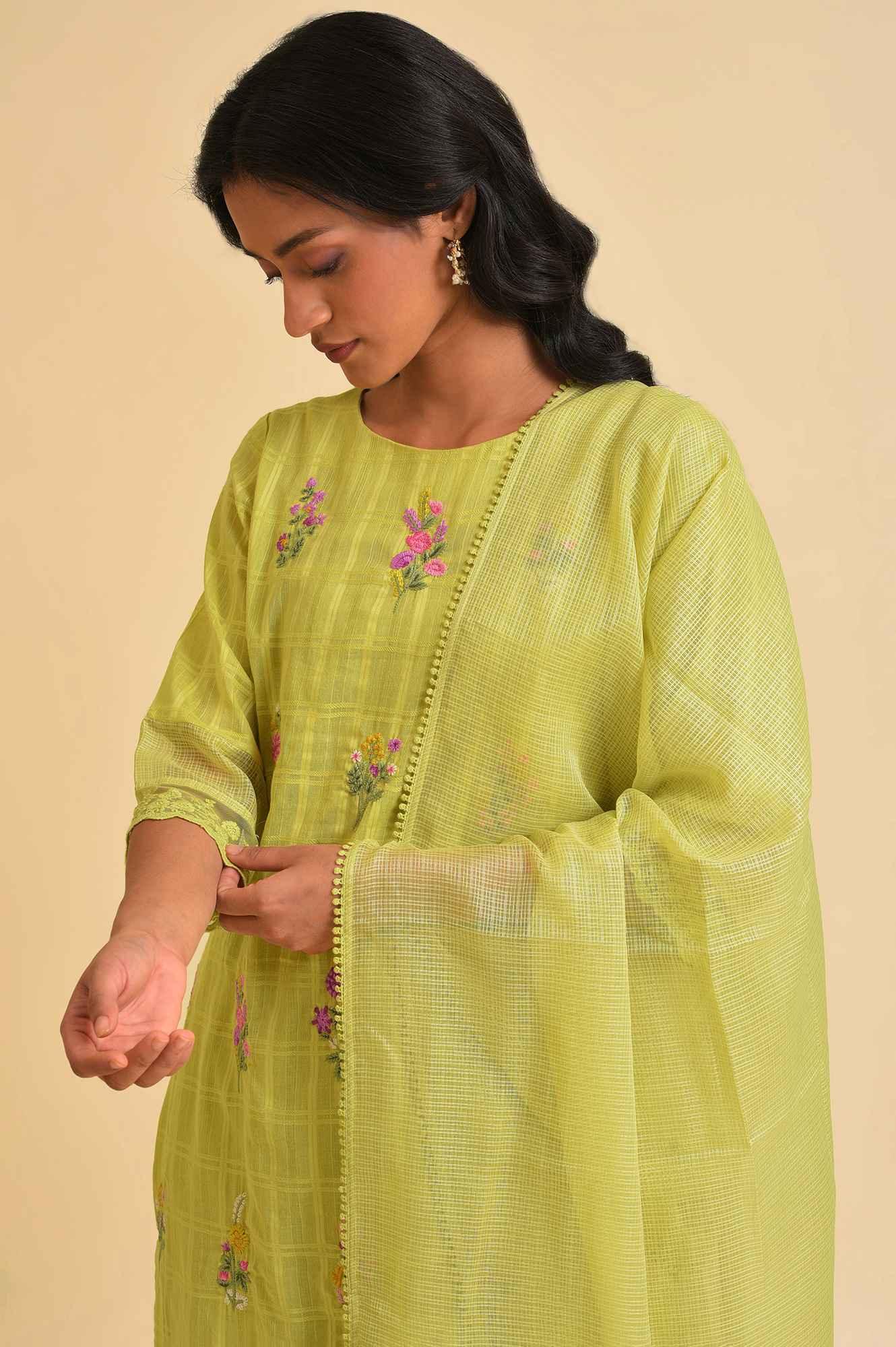 Light Green Textured Cotton Embroidered kurta, Parallel Pants & Dupatta Set - wforwoman