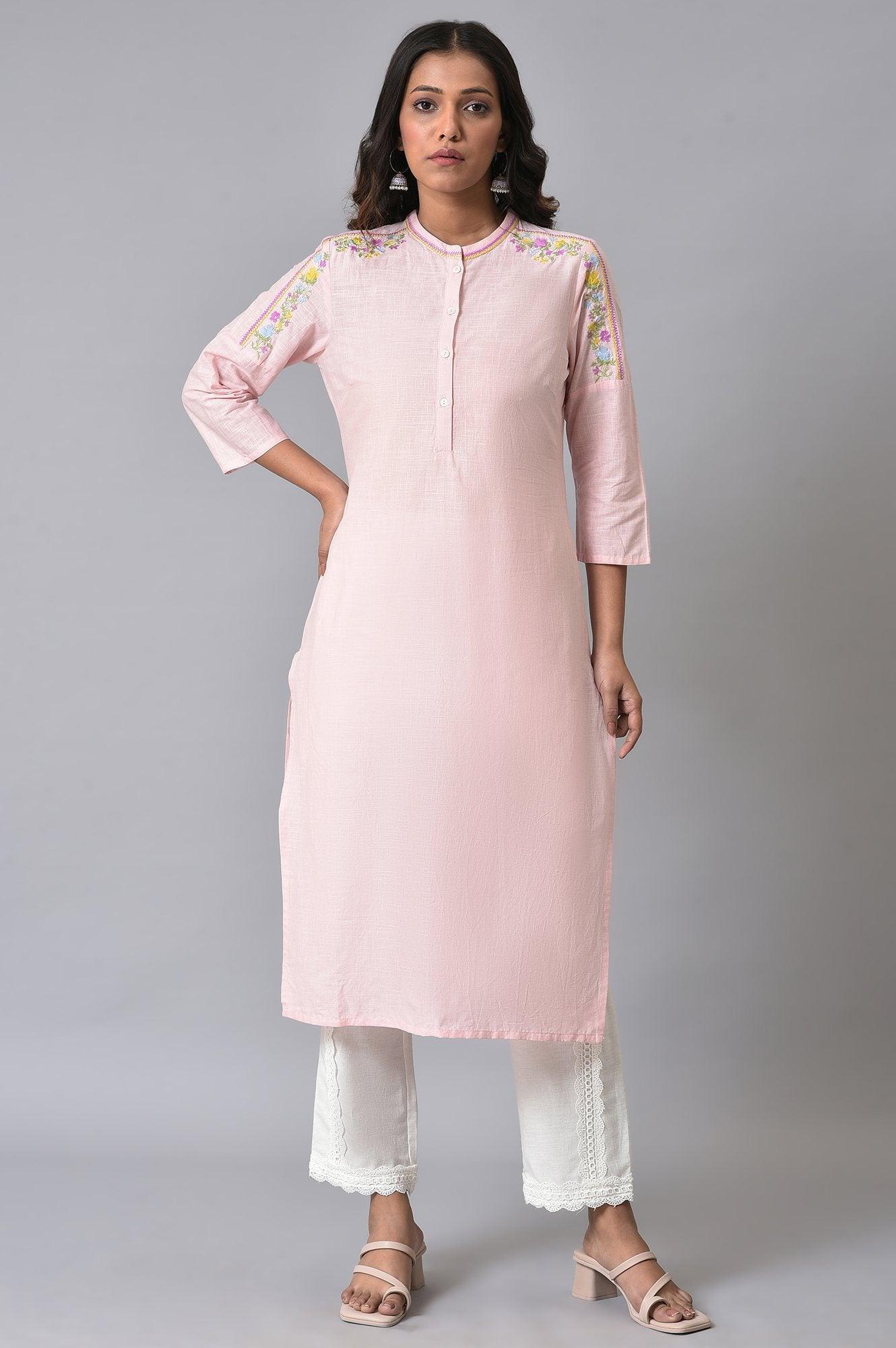 Light Pink Mandarin Collar Embroidered kurta Set - wforwoman