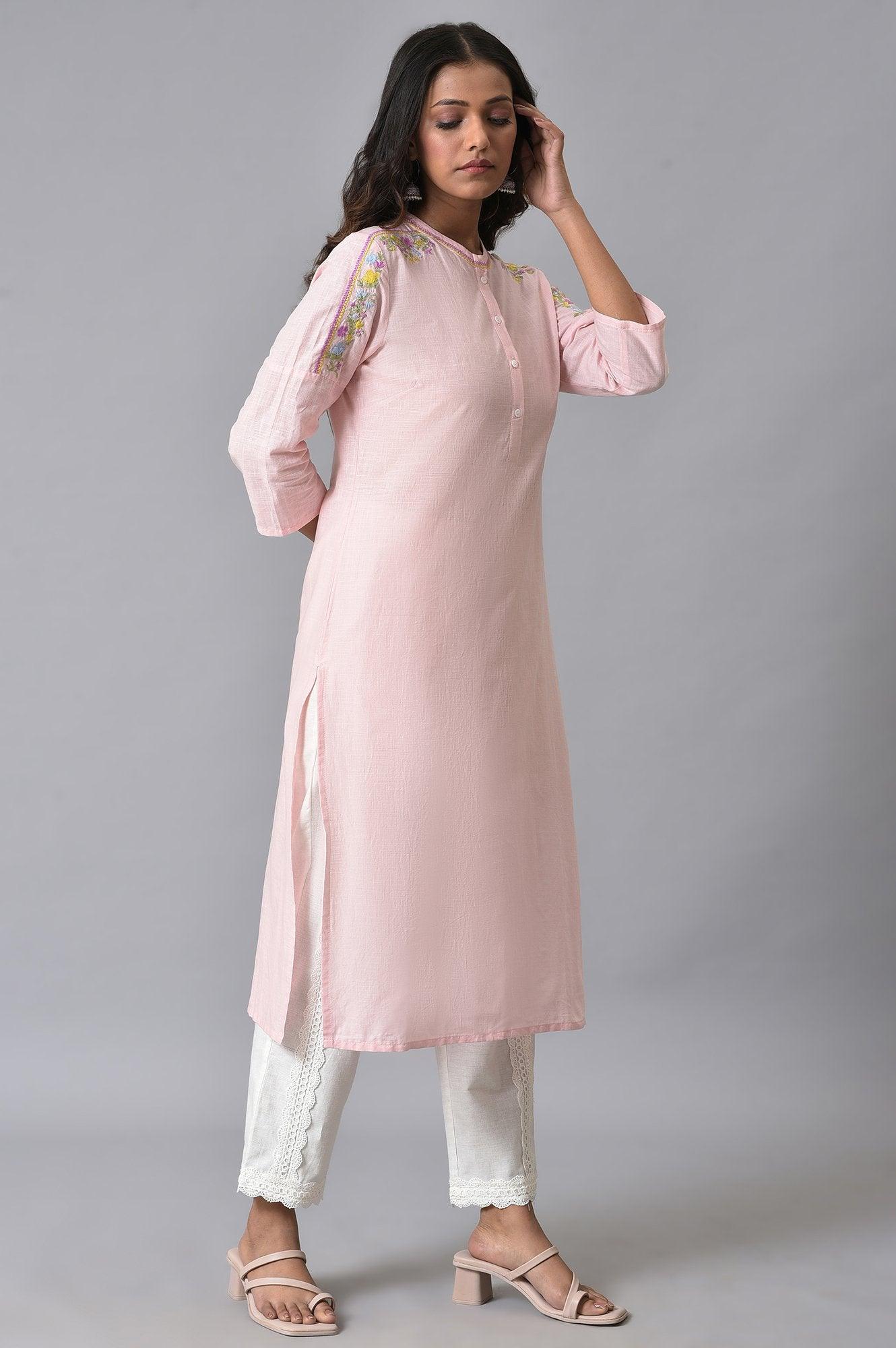 Light Pink Mandarin Collar Embroidered kurta Set - wforwoman