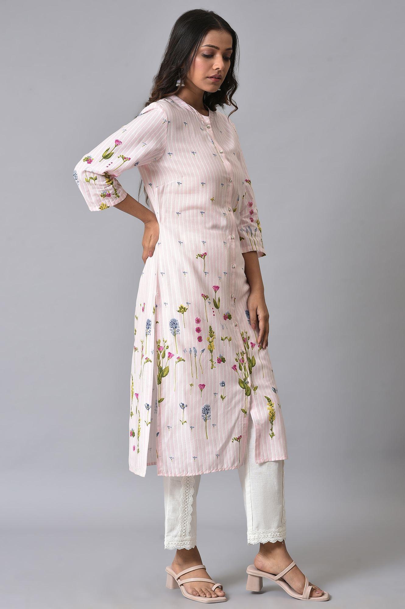 Light Pink Floral Printer Summer kurta Set - wforwoman
