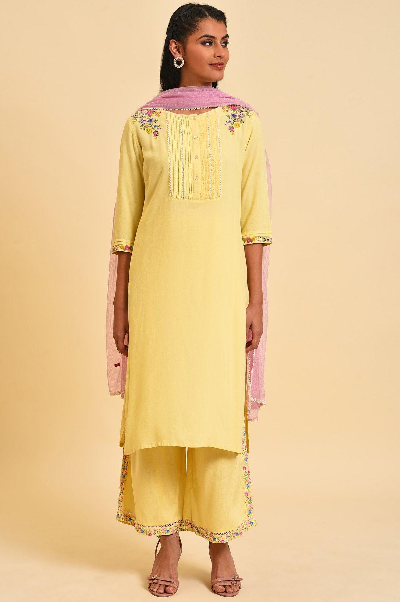 Light Yellow Embroidered Plus Size kurta Set - wforwoman
