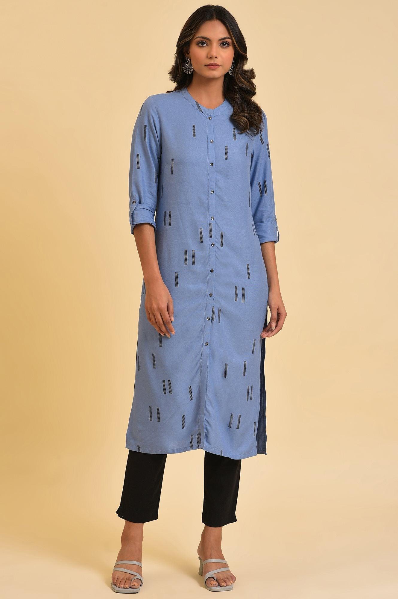 Blue Geometric Print Shirt kurta & Pants Set - wforwoman