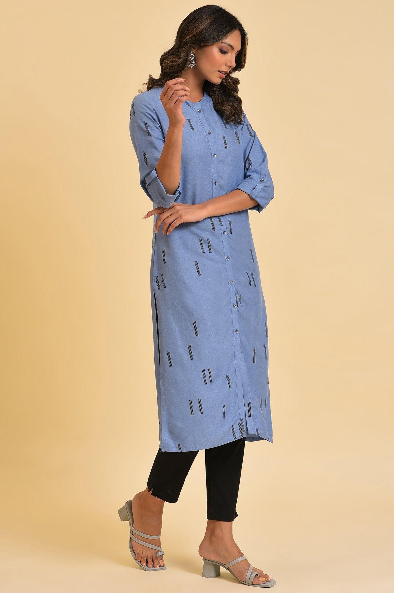 Blue Geometric Print Shirt kurta & Pants Set - wforwoman