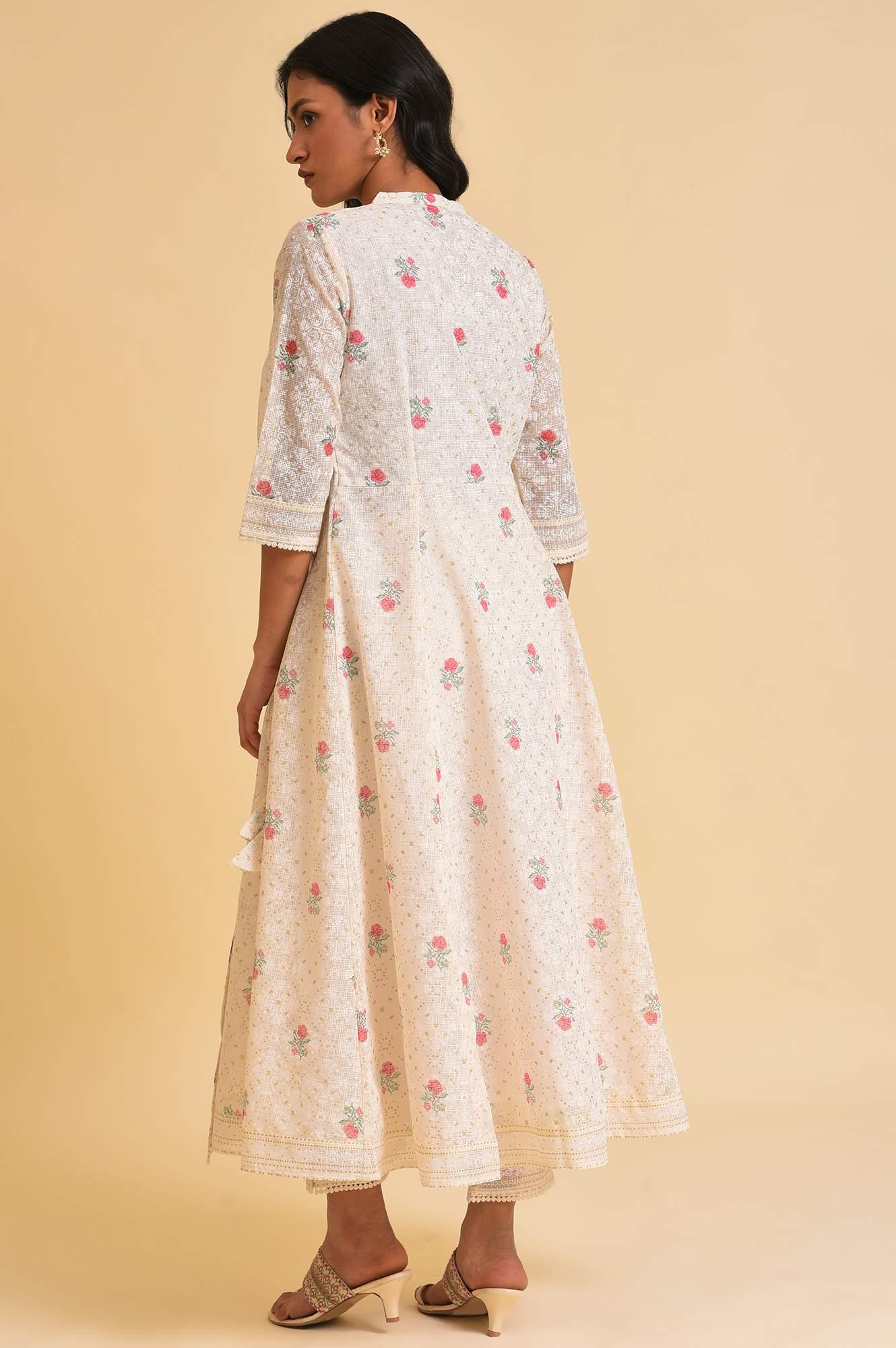 Ecru Glitter Printed Angrakha kurta & Pants Set - wforwoman