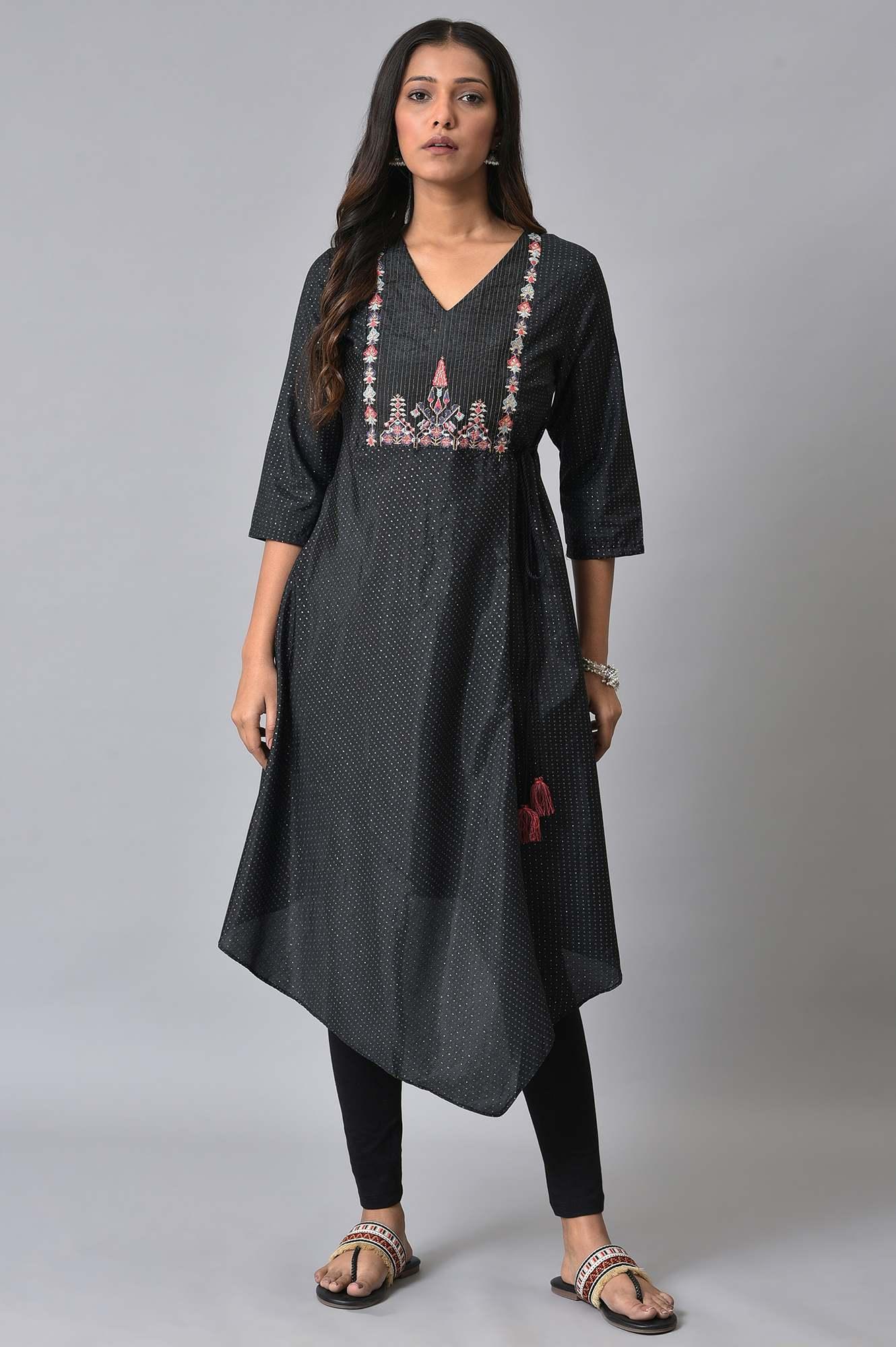 Plus Size Black Asymmetric Mock Layer Festive kurta - wforwoman