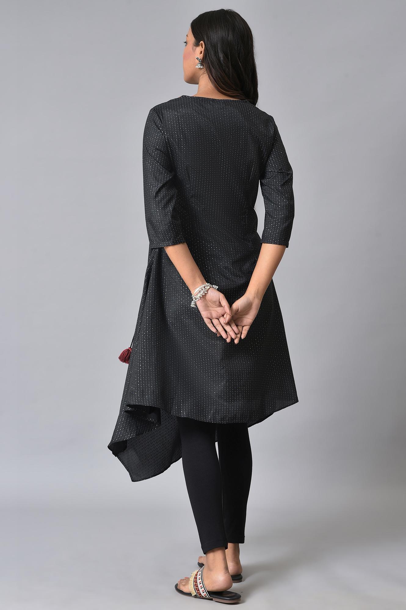 Plus Size Black Asymmetric Mock Layer Festive kurta - wforwoman