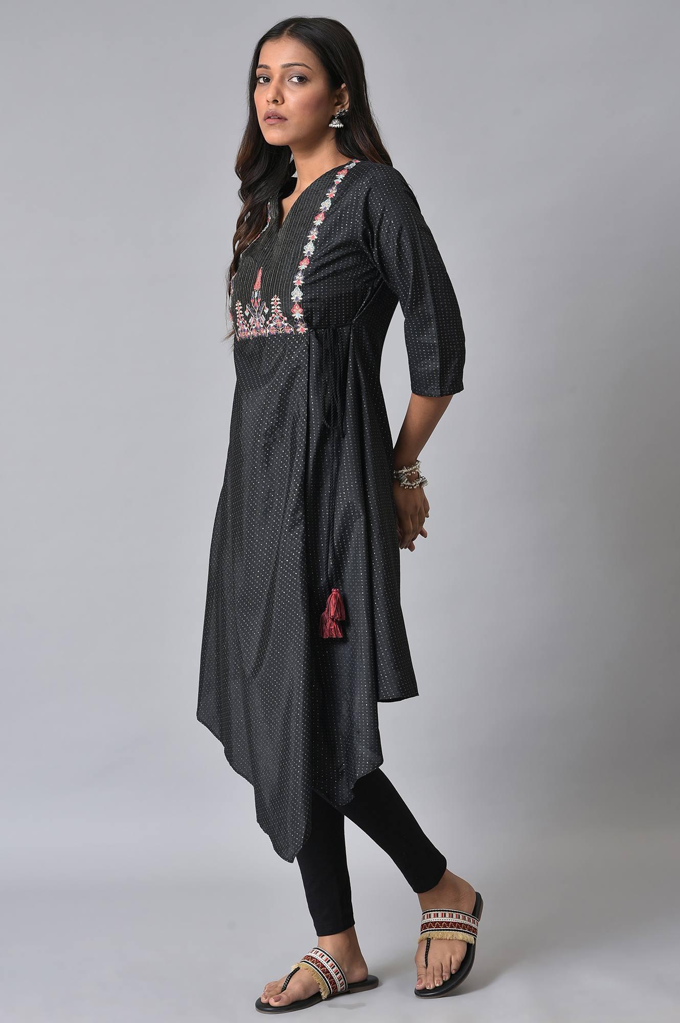 Black Embroidered Asymmetrical kurta Set - wforwoman