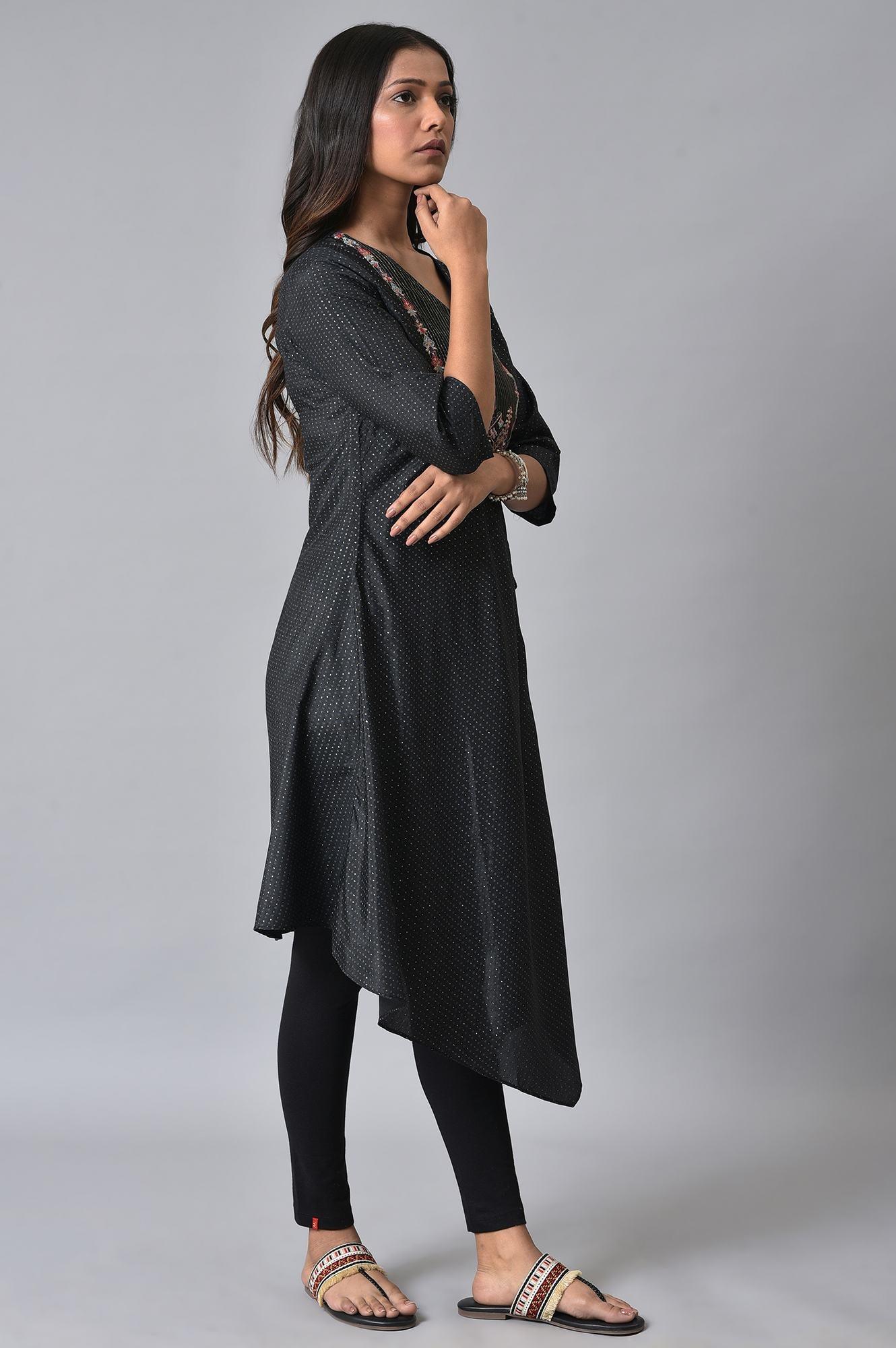 Black Embroidered Asymmetrical kurta Set - wforwoman
