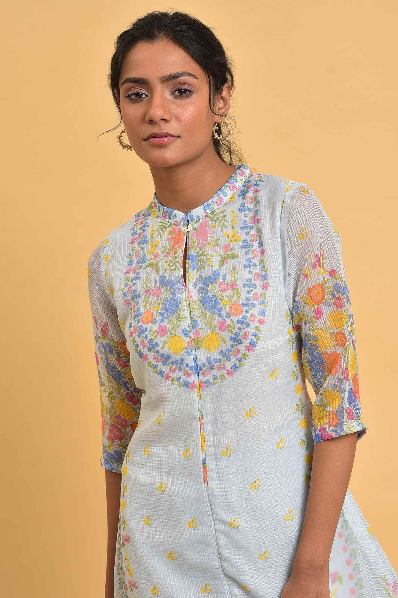 Light Blue Printed Kota kurta Set - wforwoman
