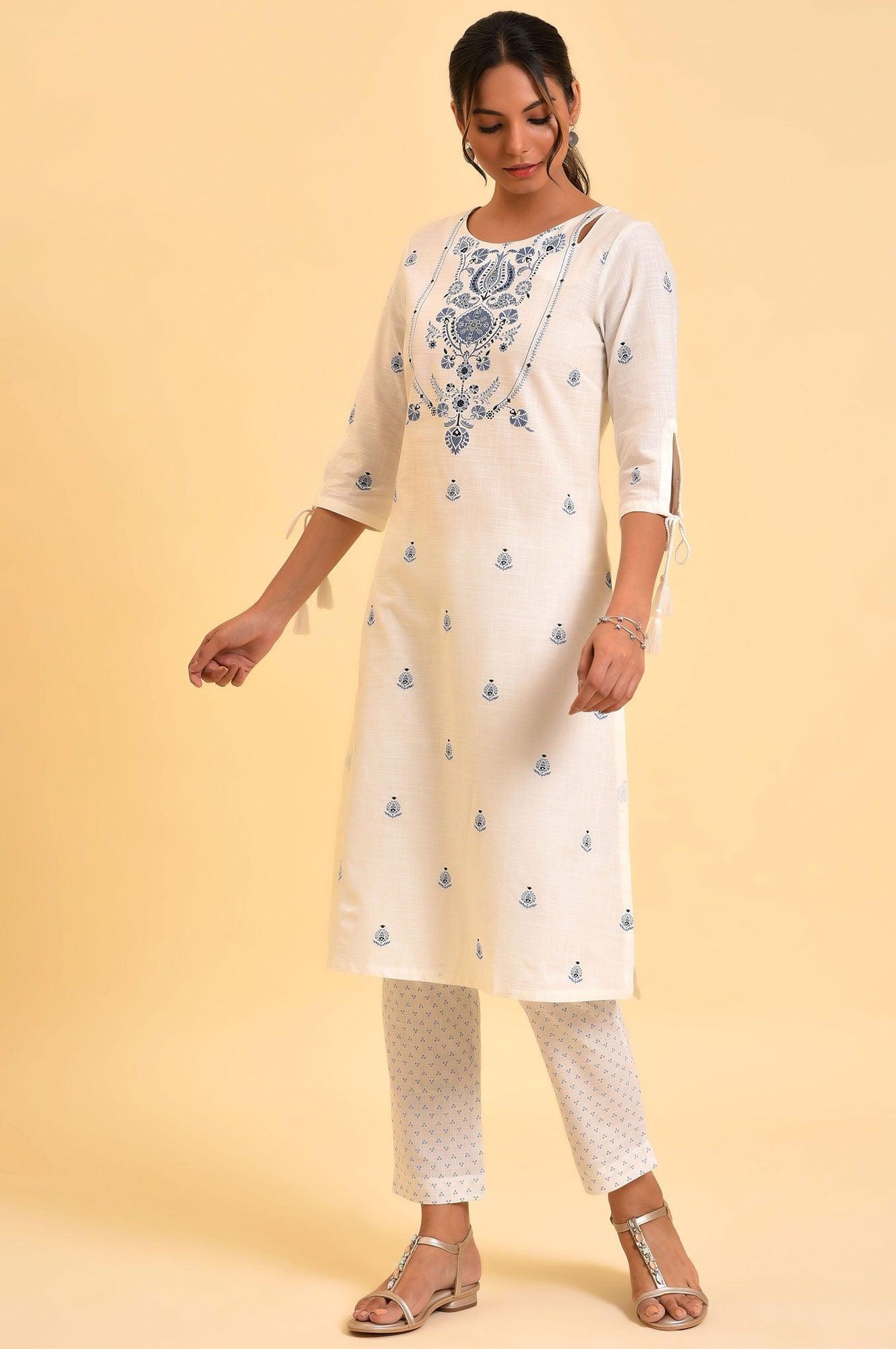 Ecru Floral Printed kurta & Pants Set - wforwoman