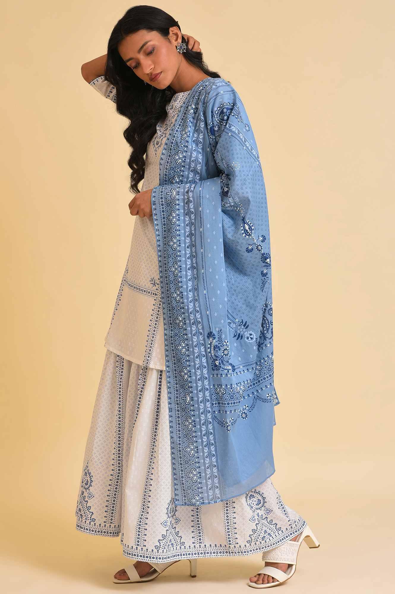White Printed A-Line Short kurta, Sharara & Dupatta Set - wforwoman