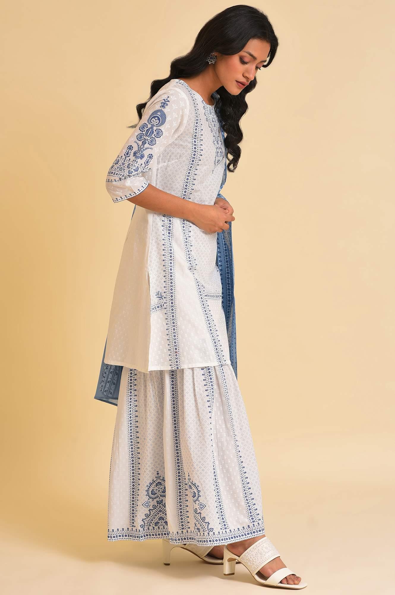 White Printed A-Line Short kurta, Sharara & Dupatta Set - wforwoman