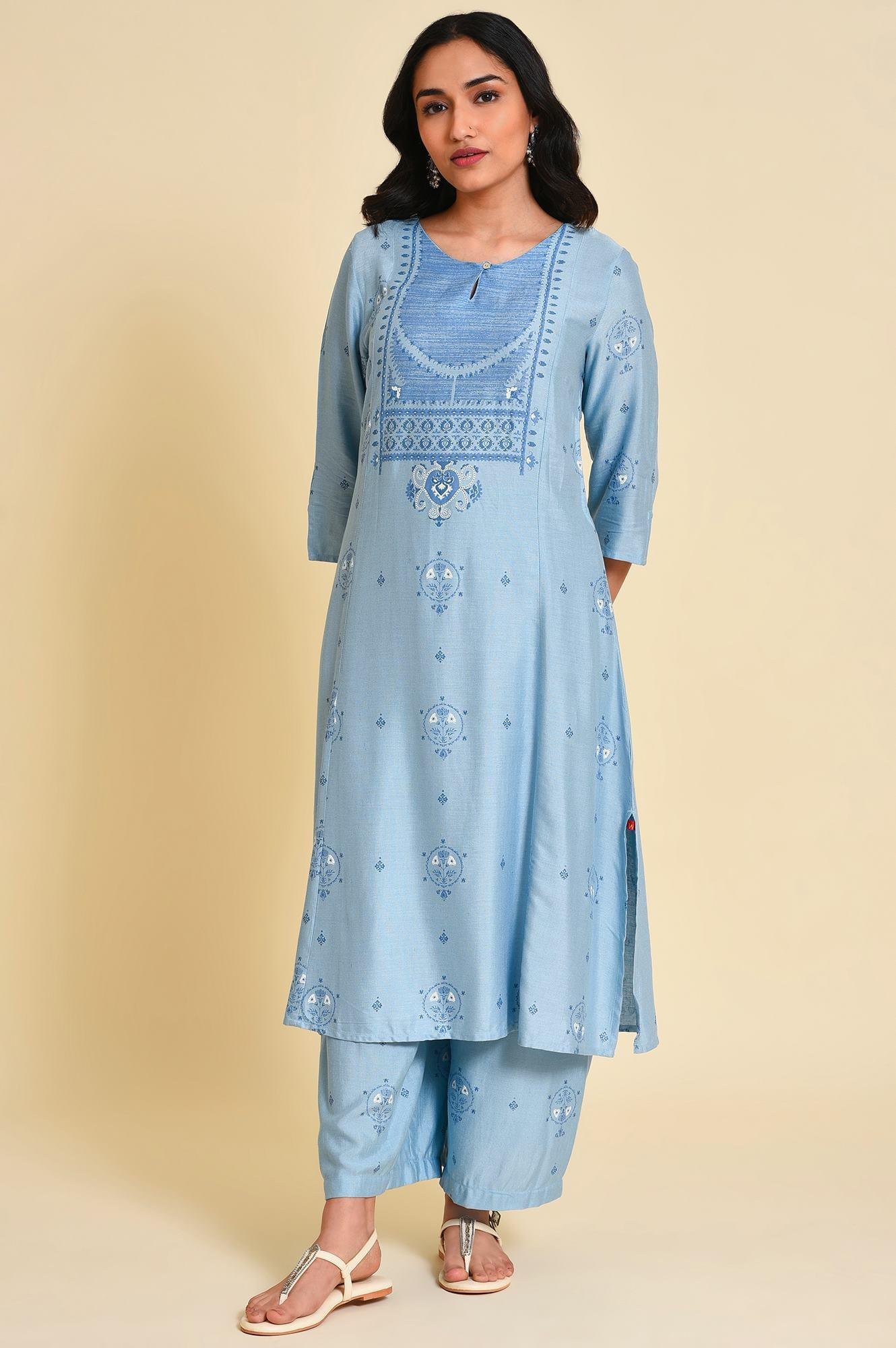 Blue Printed kurta Co-Ord Set - wforwoman