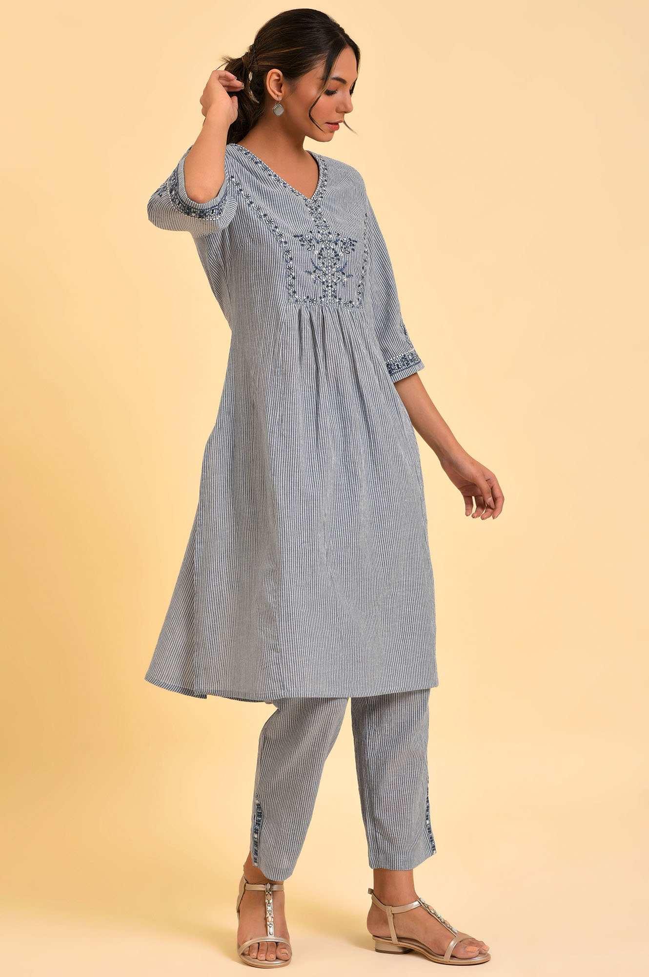 Blue Embroidered kurta & Pants Co-Ord Set - wforwoman