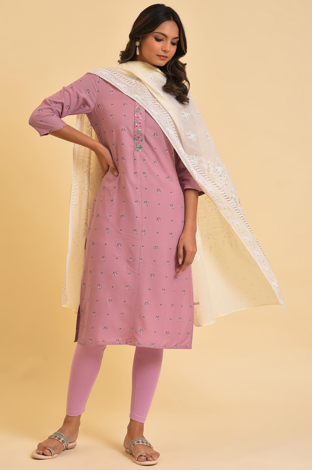 Light Purple Printed kurta, Tights & Dupatta Set - wforwoman