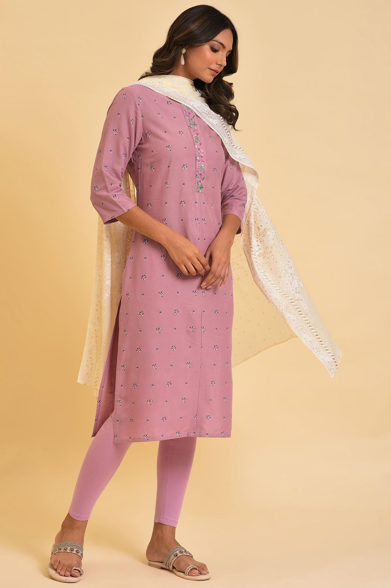 Light Purple Printed kurta, Tights & Dupatta Set - wforwoman