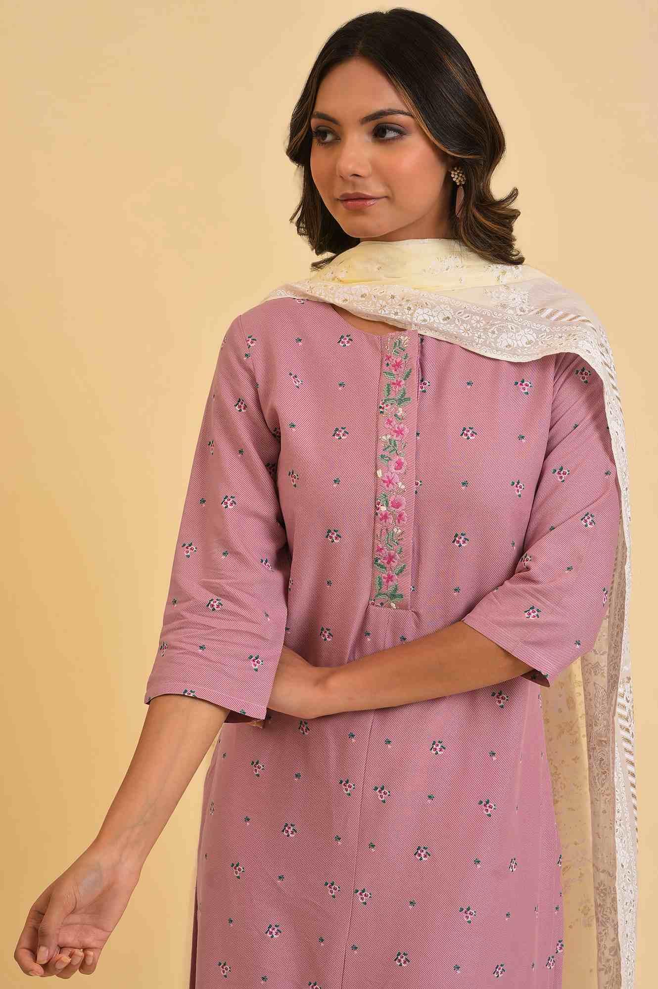 Light Purple Printed kurta, Tights & Dupatta Set - wforwoman