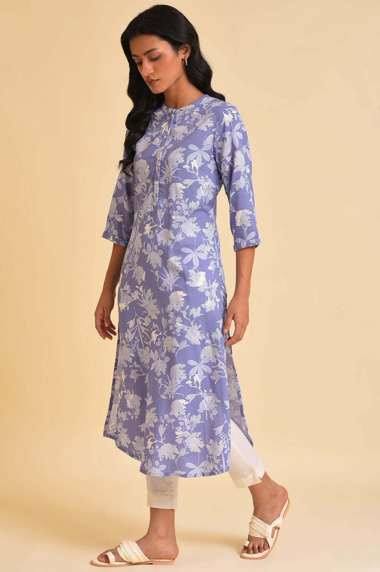 Blue Floral Printed kurta & Pants Set - wforwoman