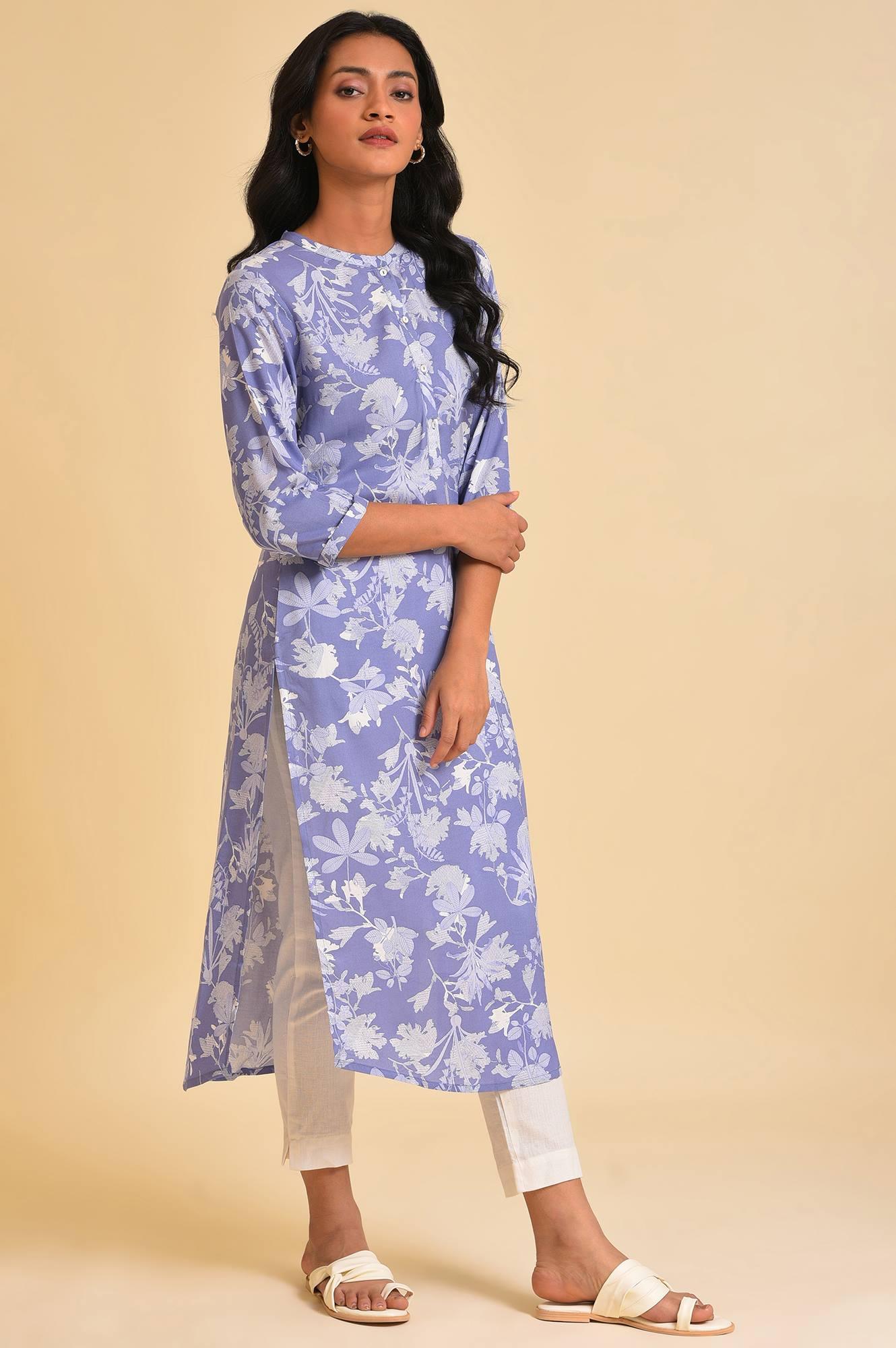 Blue Floral Printed kurta & Pants Set - wforwoman