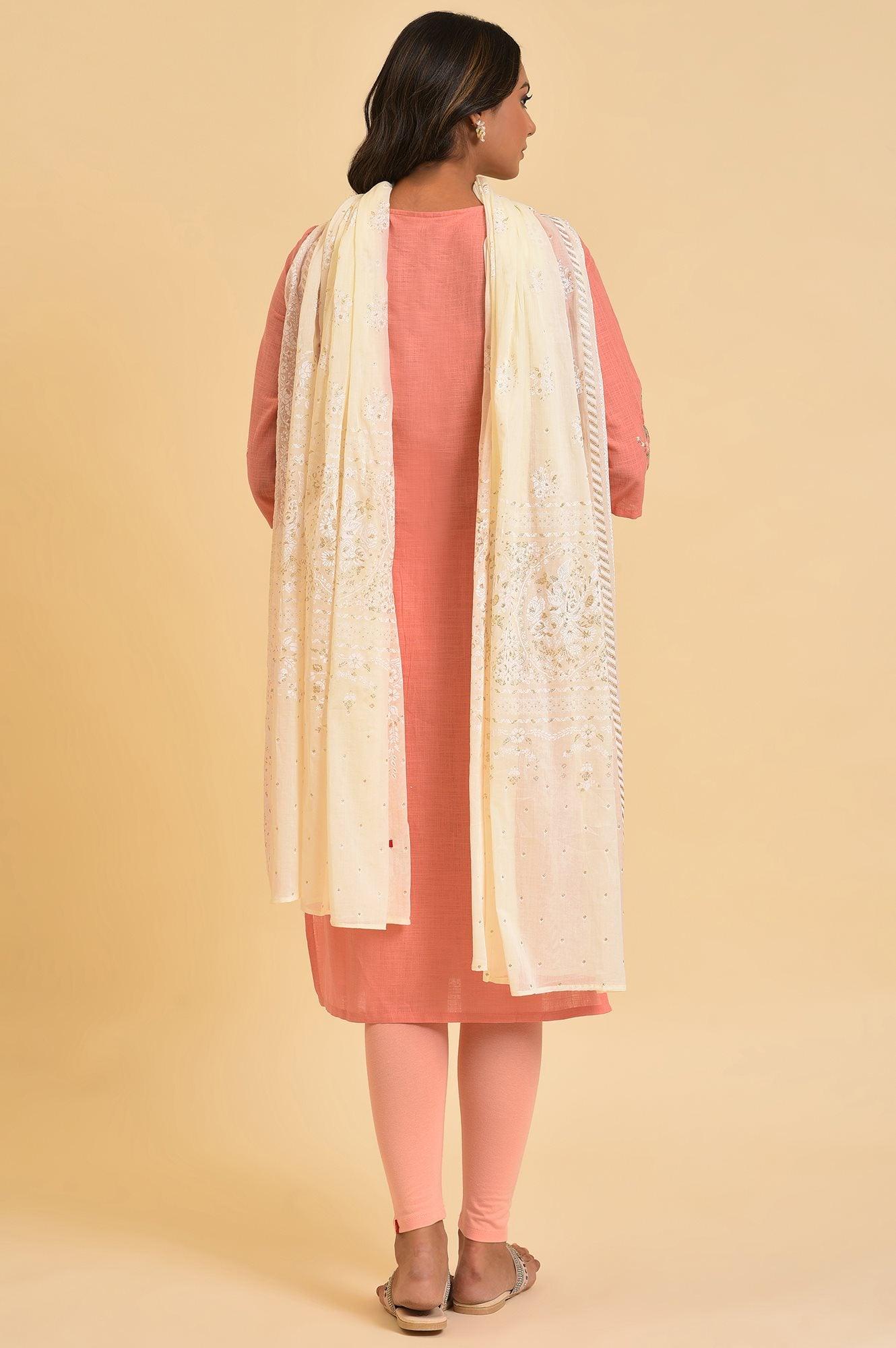 Peach Glitter Printed kurta, Tights & Dupatta Set - wforwoman