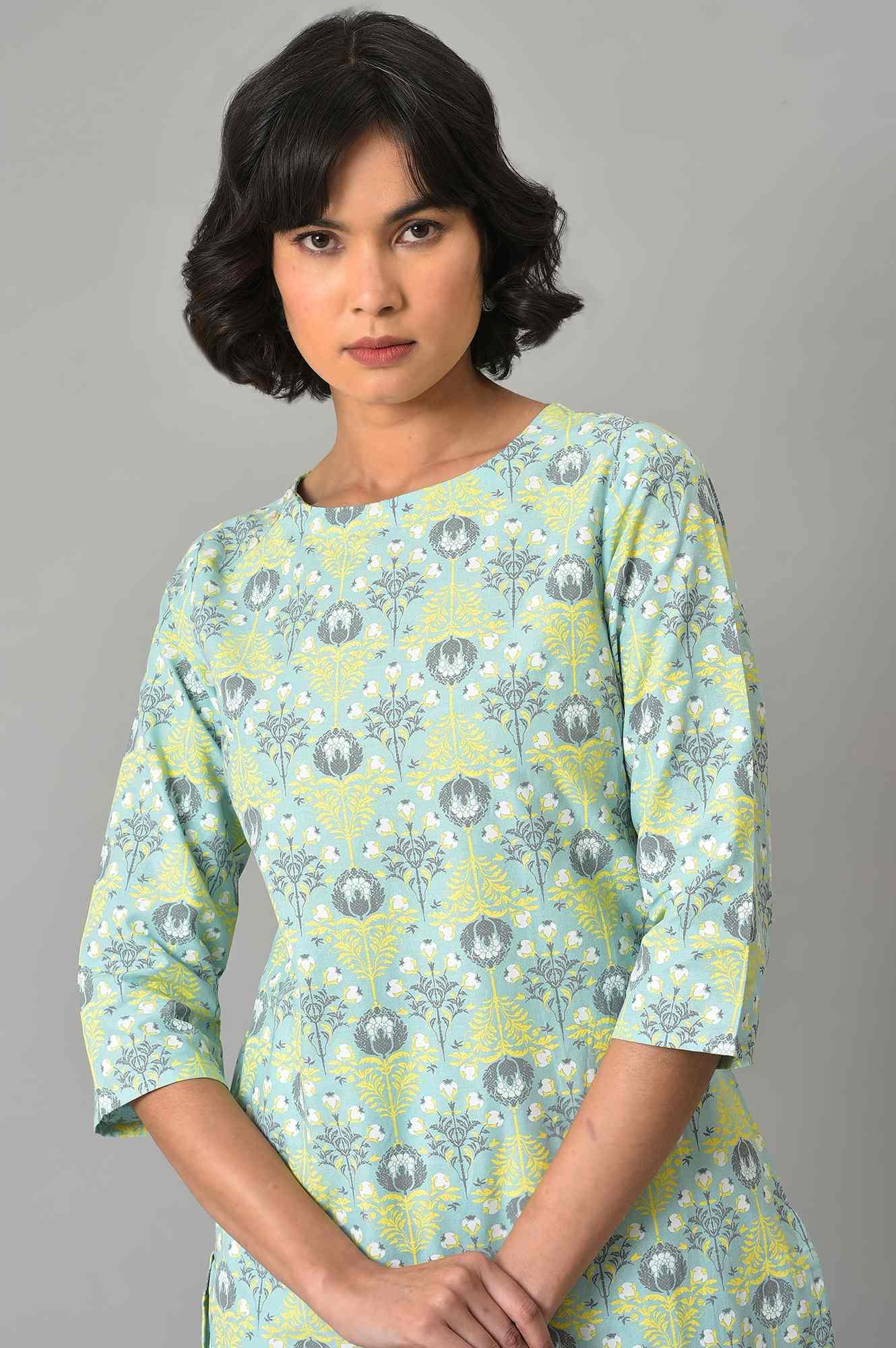 Light Green Printed kurta And Pants Co-Ord Set - wforwoman