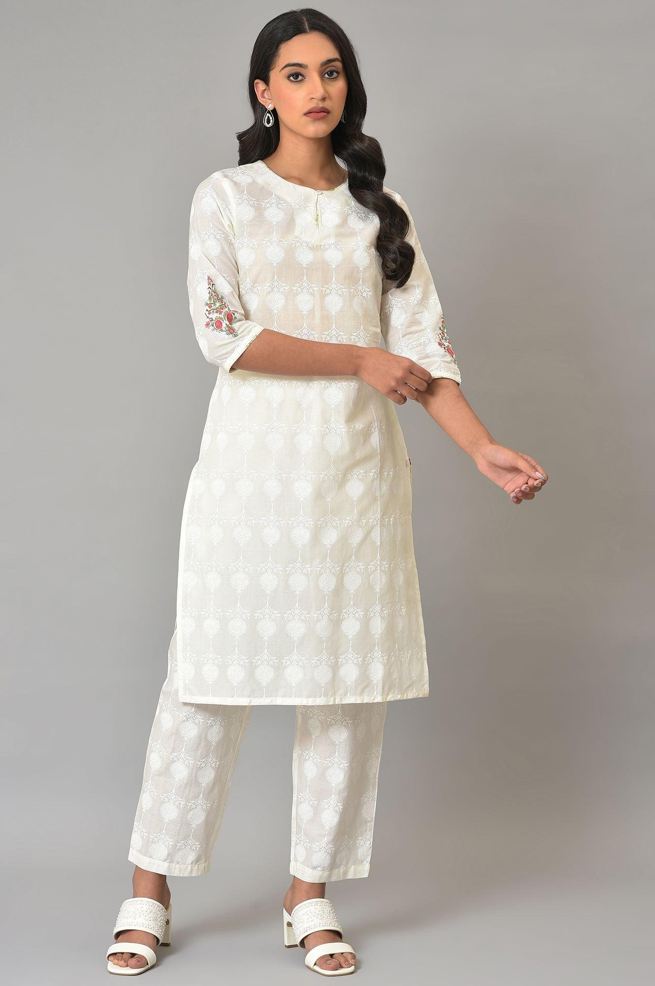 White Embroidered kurta And Pants Co-Ord Sets - wforwoman