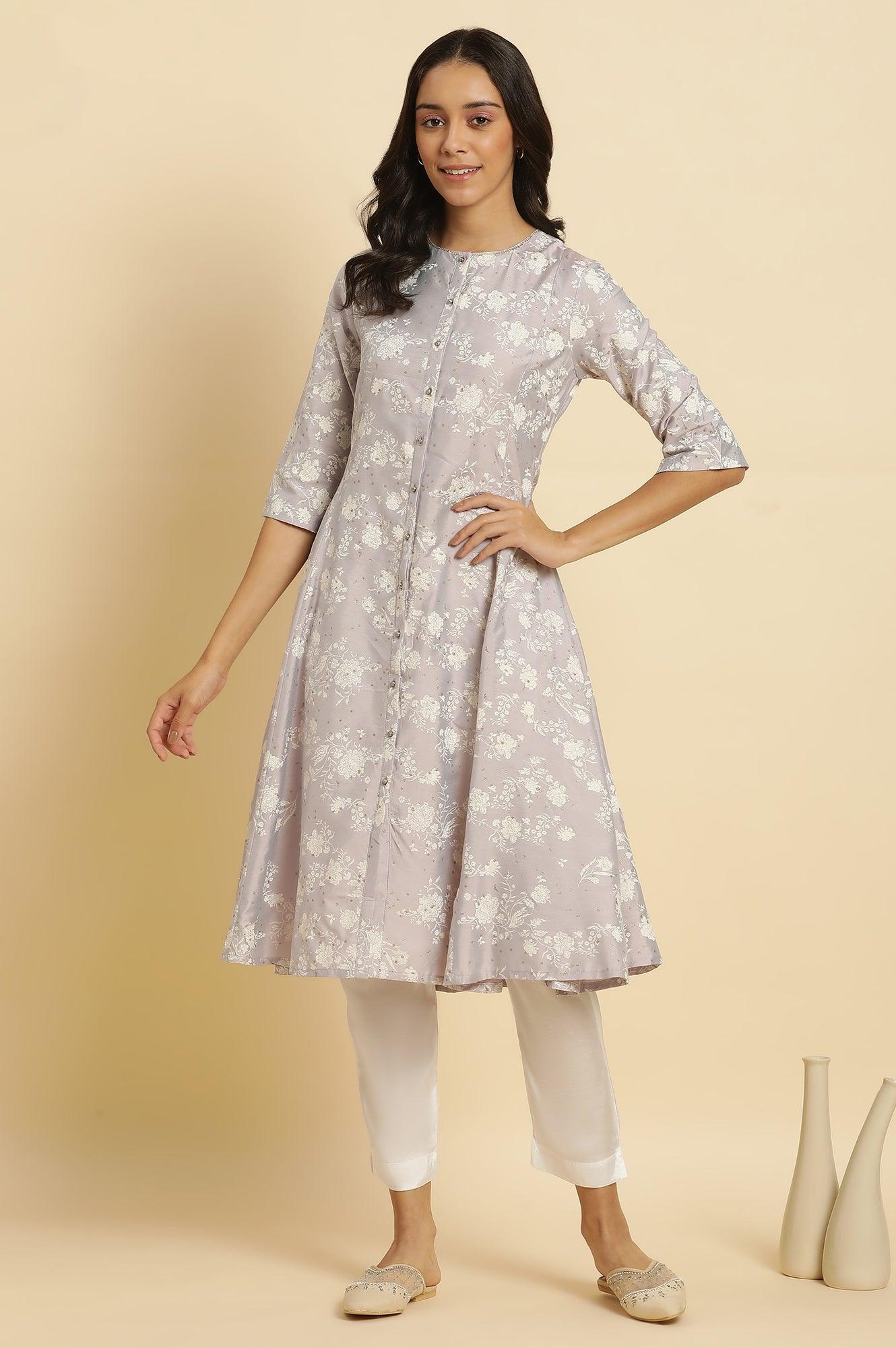 Grey Embellished Kurta And Pants Set - wforwoman