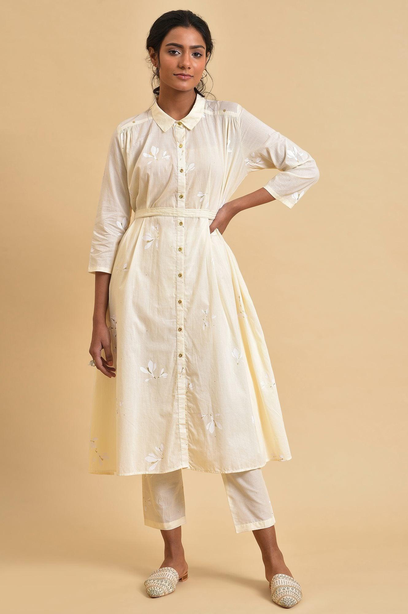 Ecru Floral Printed Shirt kurta Co-Ord Set With Belt - wforwoman
