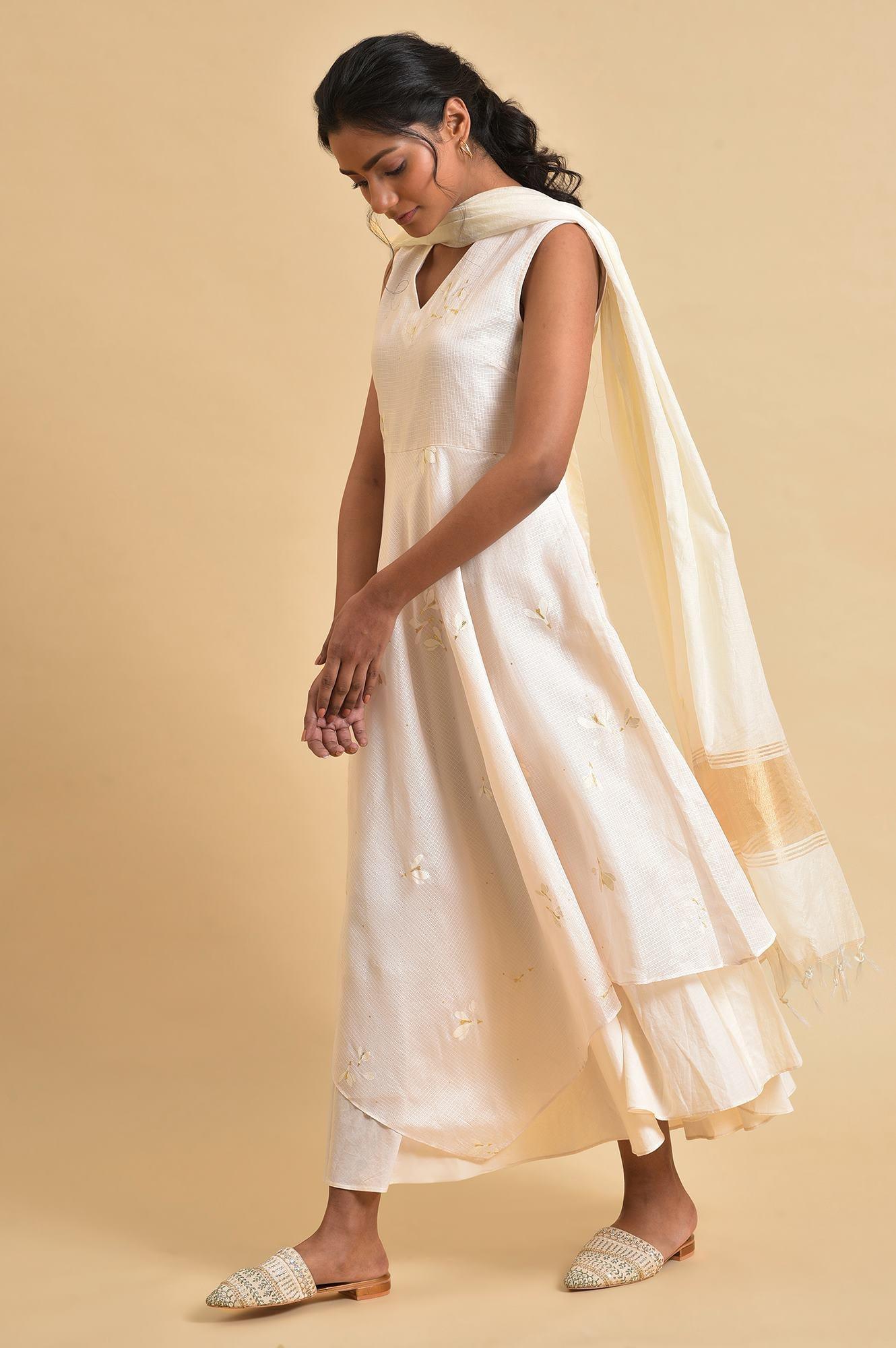 Ecru Layered Dress With Duptta Set - wforwoman