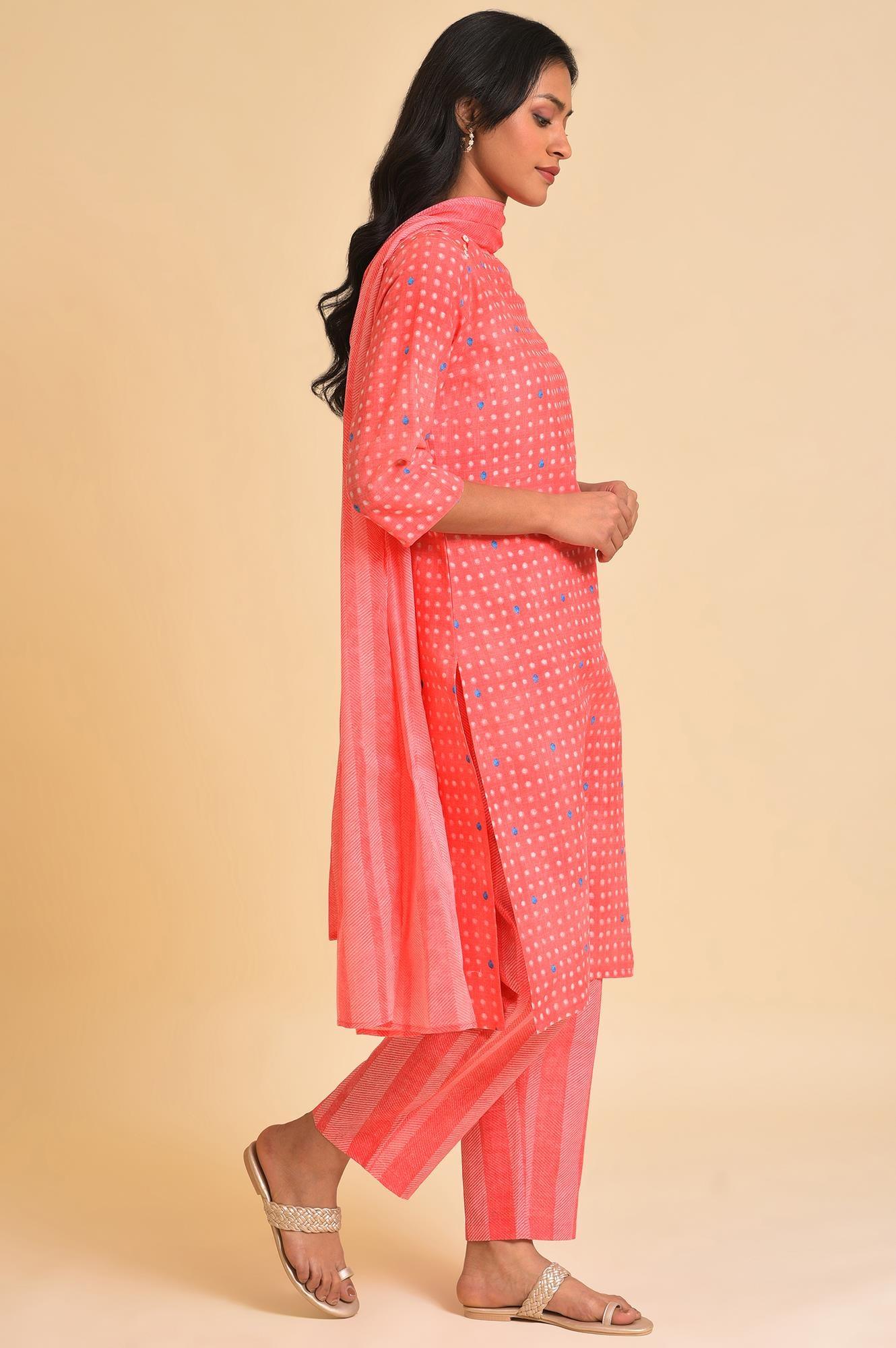 Light Red Printed kurta, Pants & Dupatta Co-Ord Set - wforwoman