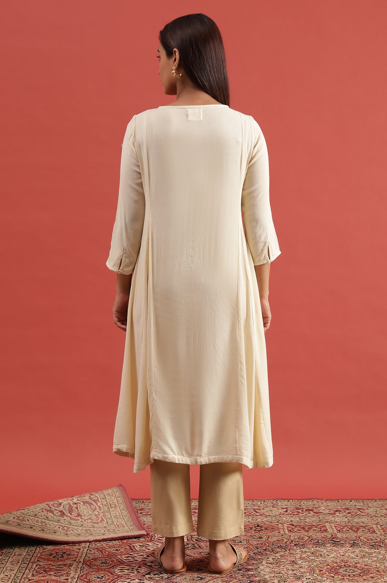 Creme Flared Chikankari Kurta In Rayon Crepe