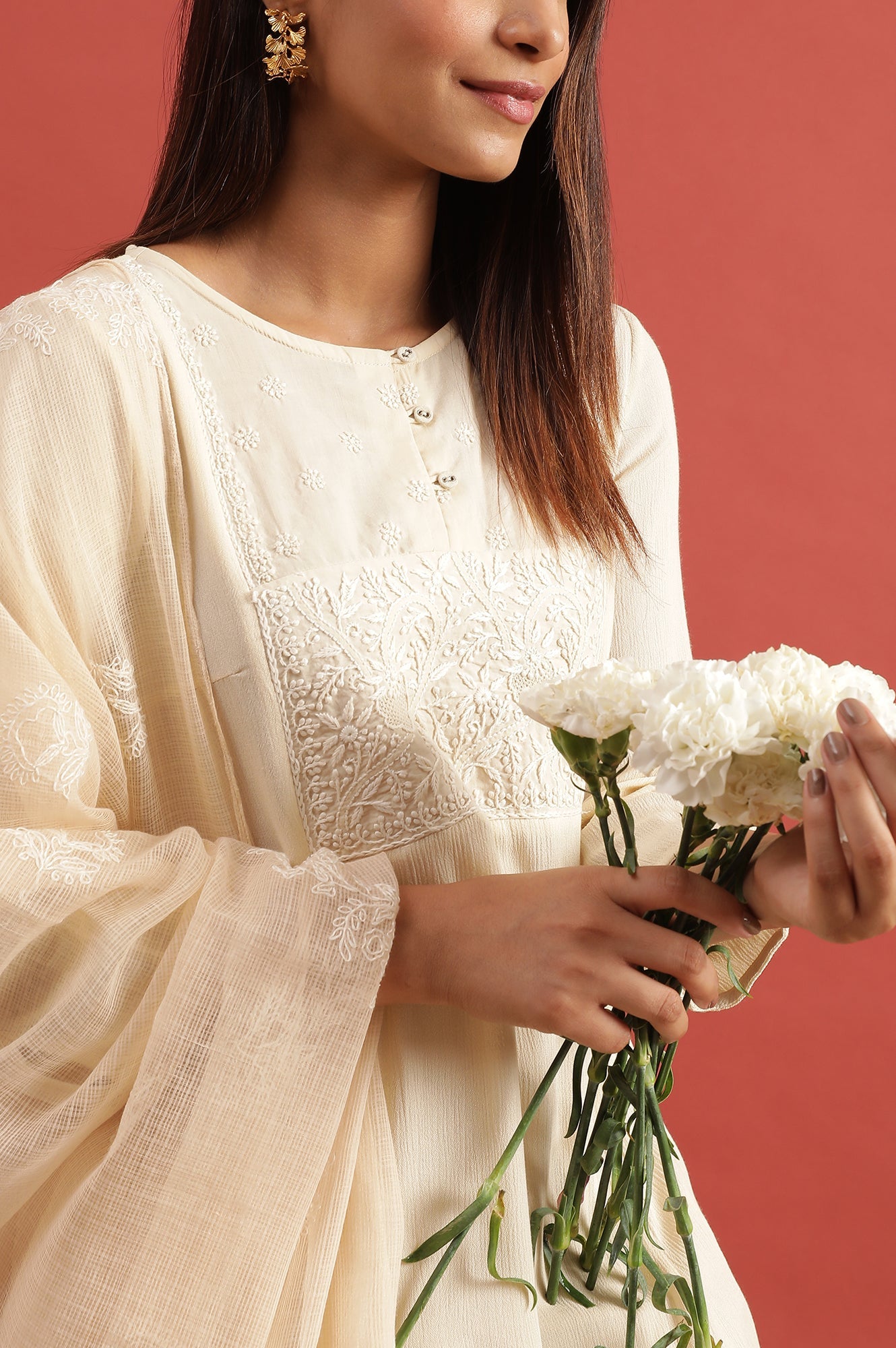 Creme Flared Chikankari Kurta In Rayon Crepe