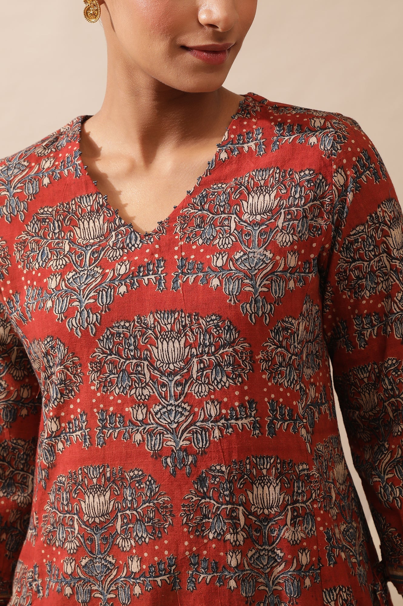 Red Hand Block Print Kurta In Cotton Slub